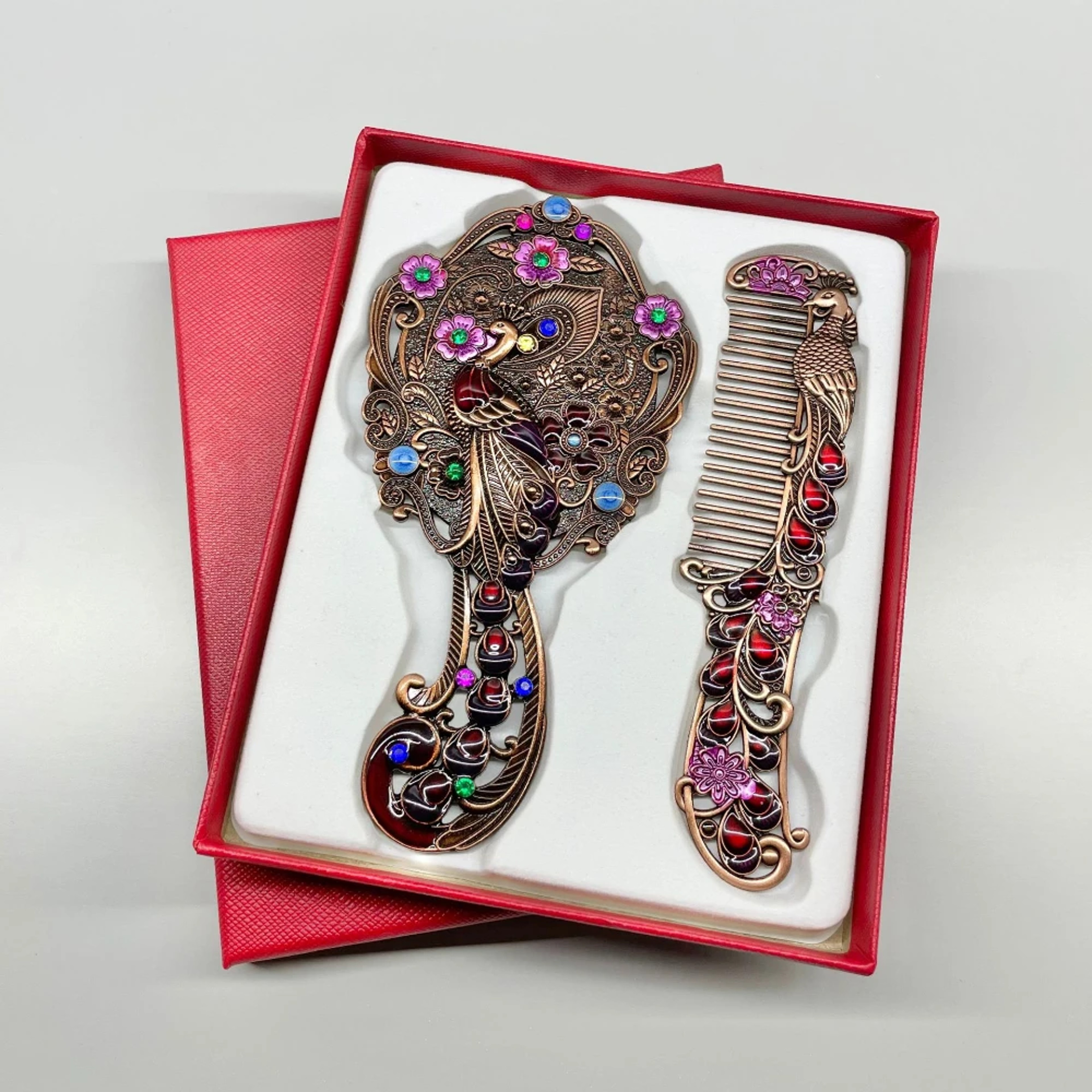 Vintage Handheld Mirror Peacock Makeup Mirror & Comb Set Decorative Metal Vanity Gift – view 2
