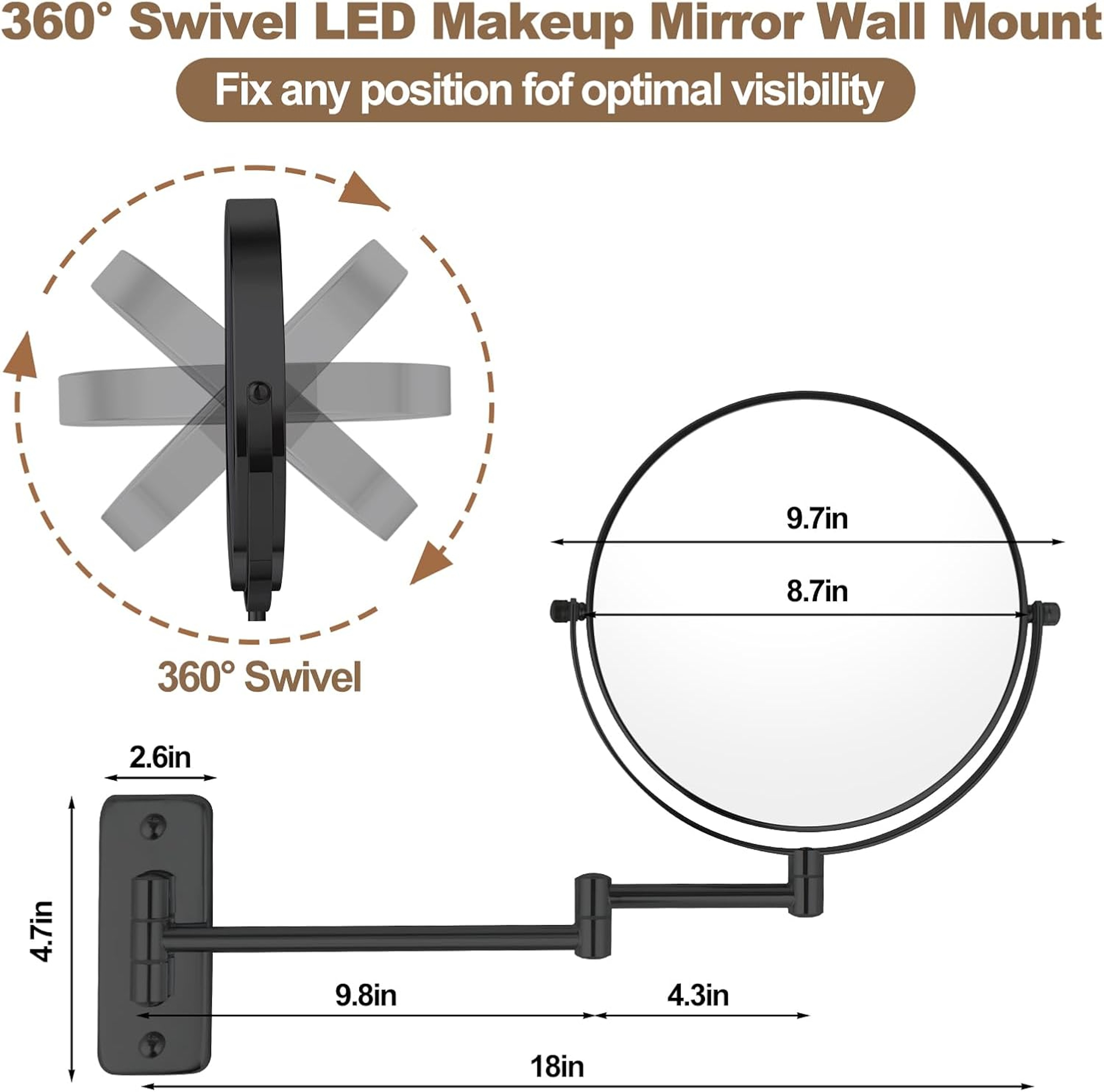 Rechargeable Wall Mounted Makeup Mirror with LED Light, Magnifying Mirror, Double-Sided Vanity Mirror – view 4