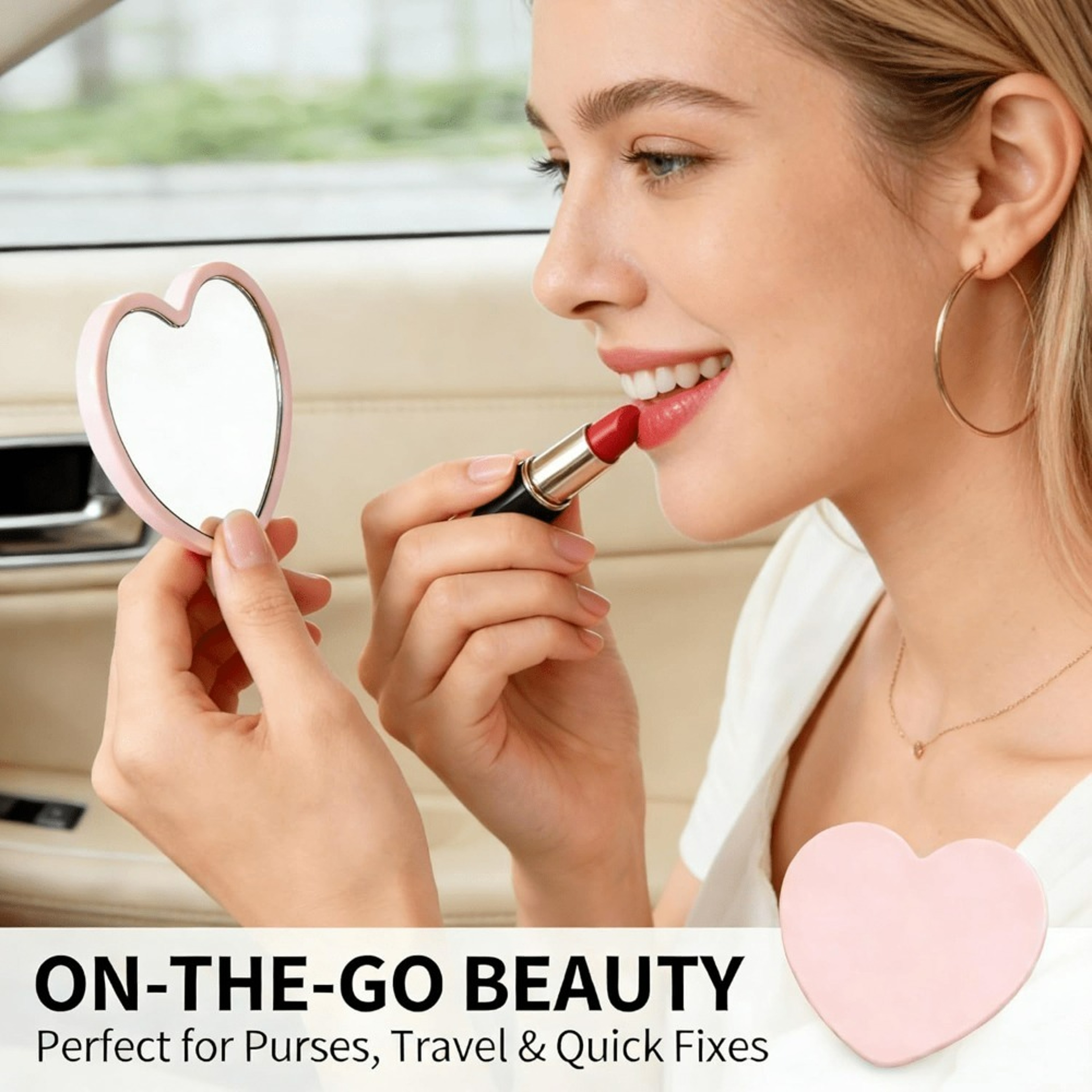 Piece Heart Compact Mirror Set with Pink Storage Bag for Travel, Weddings & Skincare – view 3