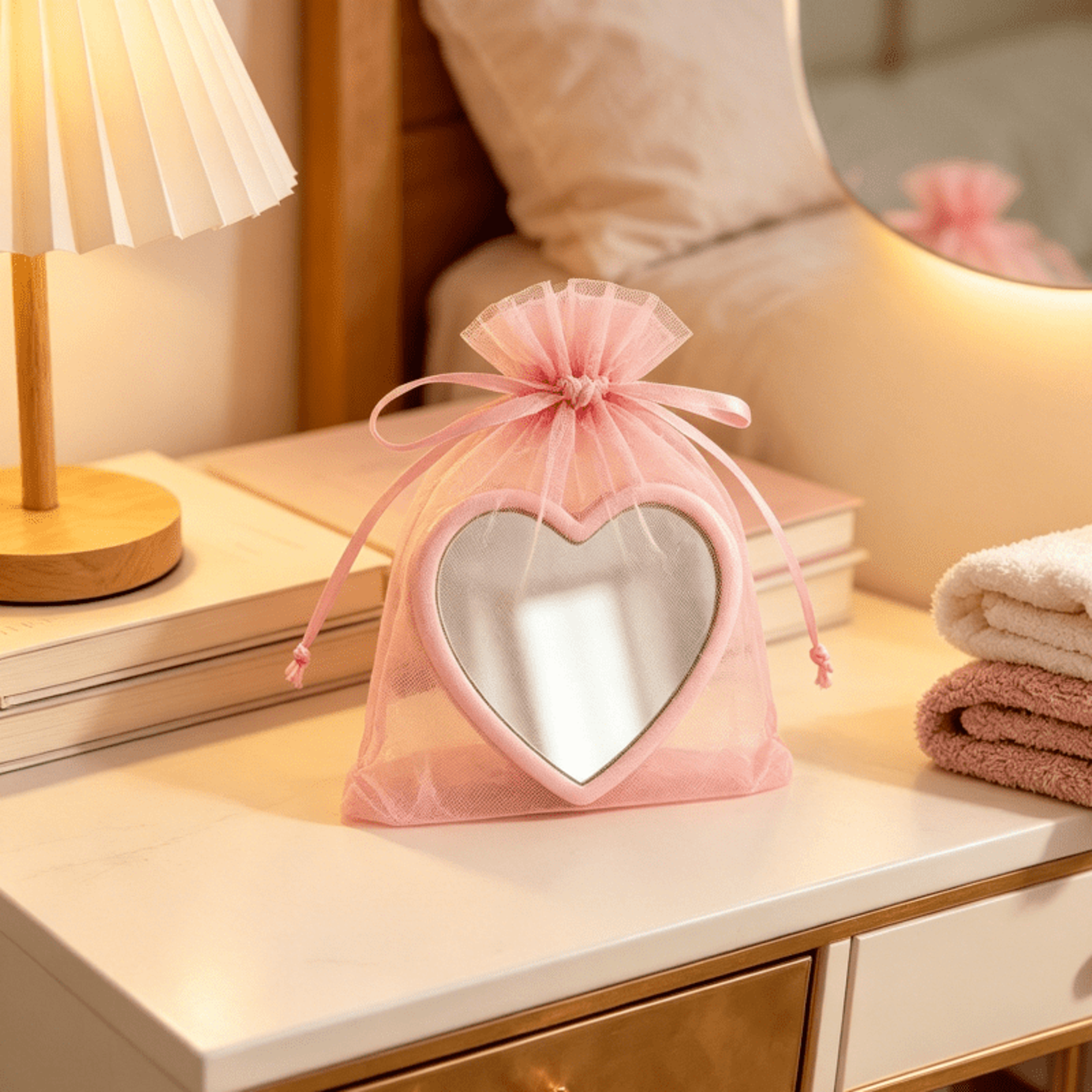 Piece Heart Compact Mirror Set with Pink Storage Bag for Travel, Weddings & Skincare – view 6