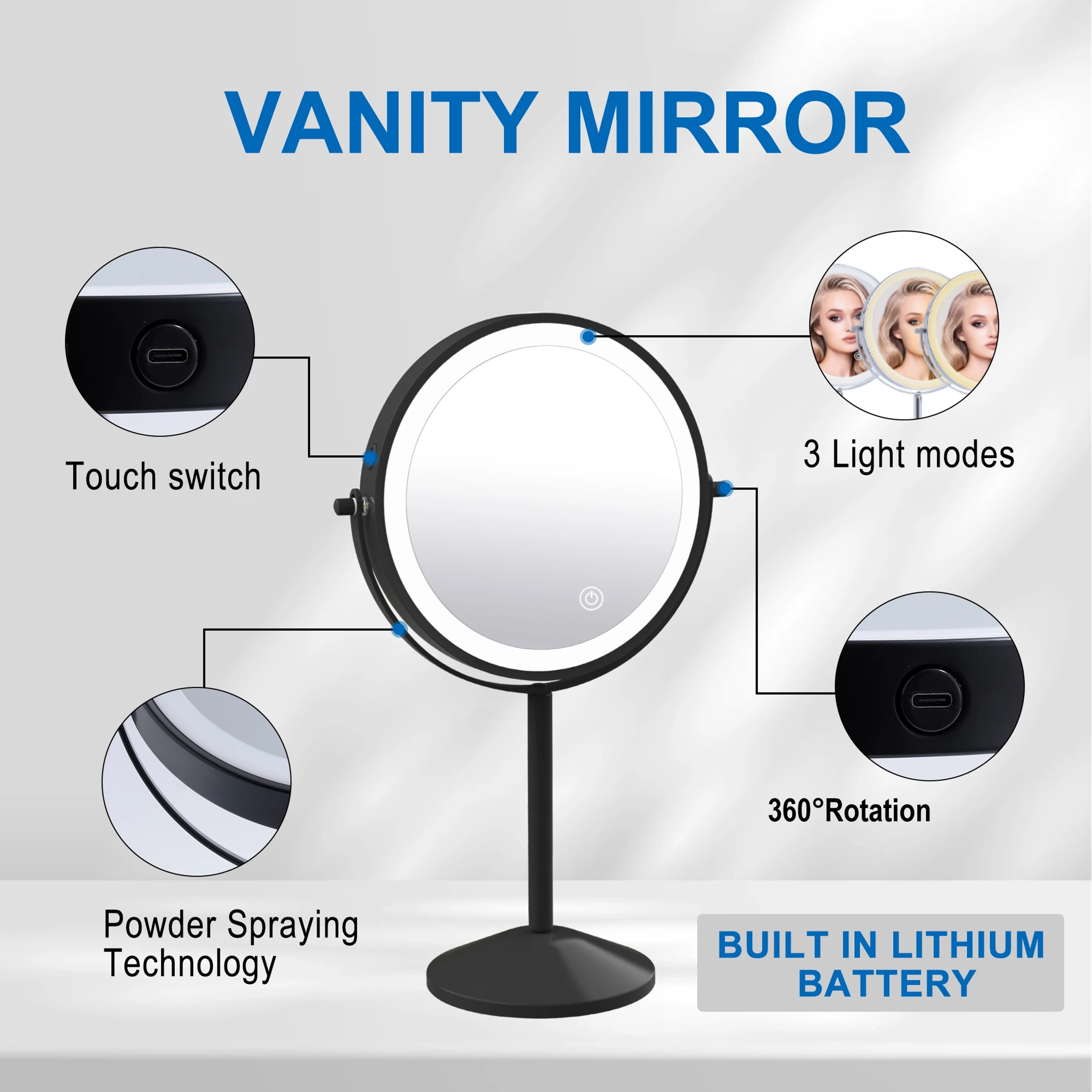 Lighted Makeup Mirror With Magnifying Mirror Rechargeable LED Vanity Mirror 360 Double Sided 2