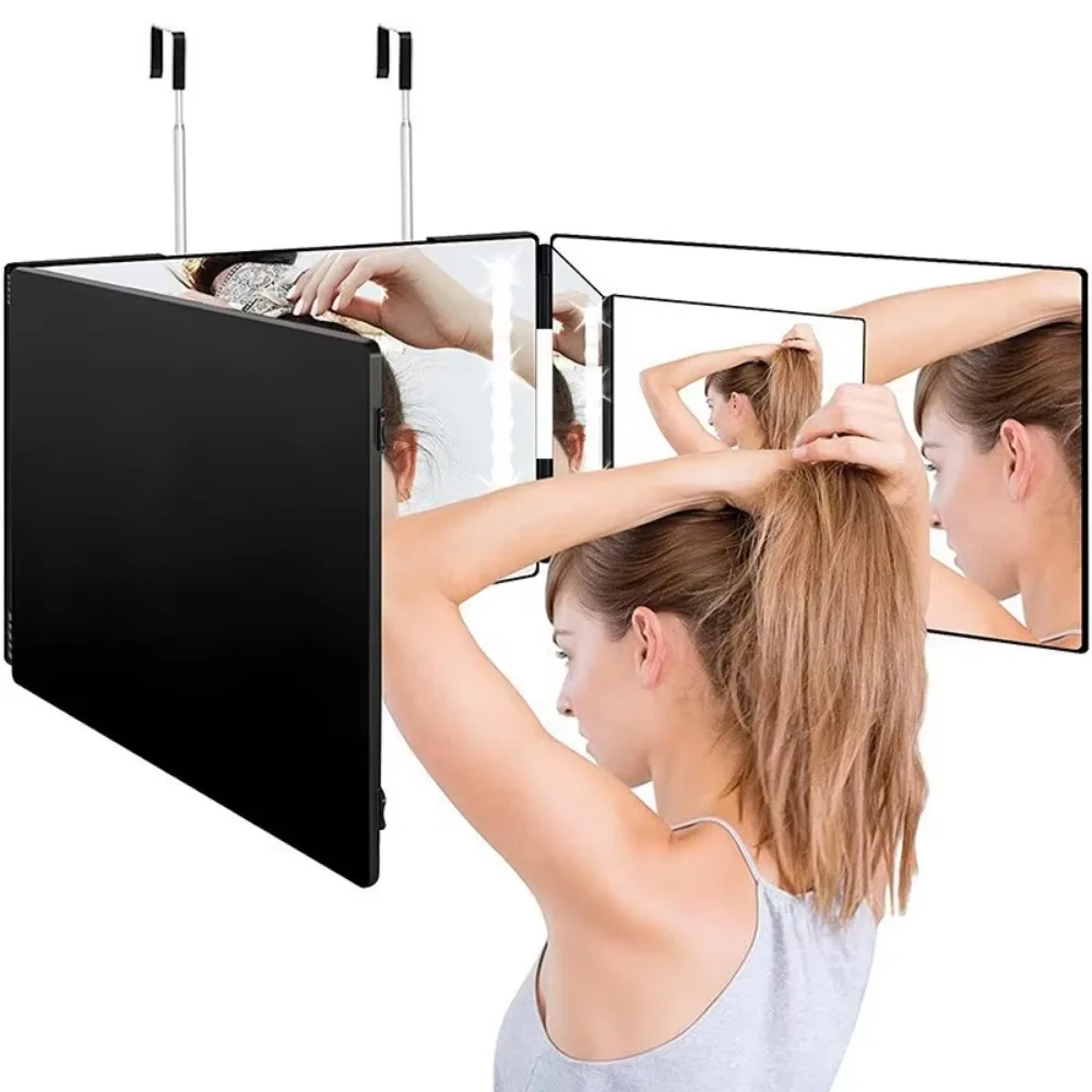 LED 3 Way Haircut Mirror with Lights Adjustable Height Trifold Self Haircut Mirror for DIY Grooming – view 1