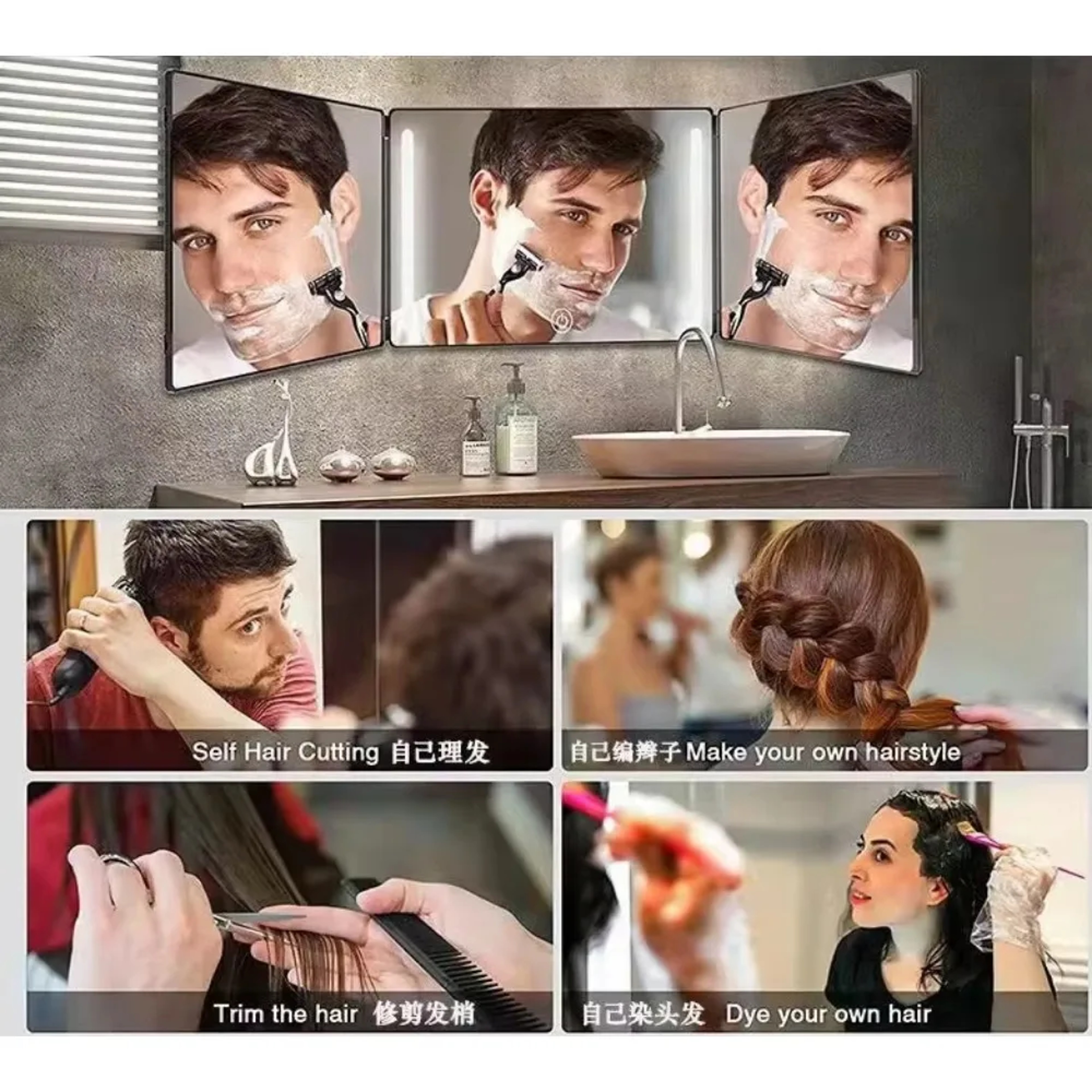 LED 3 Way Haircut Mirror with Lights Adjustable Height Trifold Self Haircut Mirror for DIY Grooming – view 3