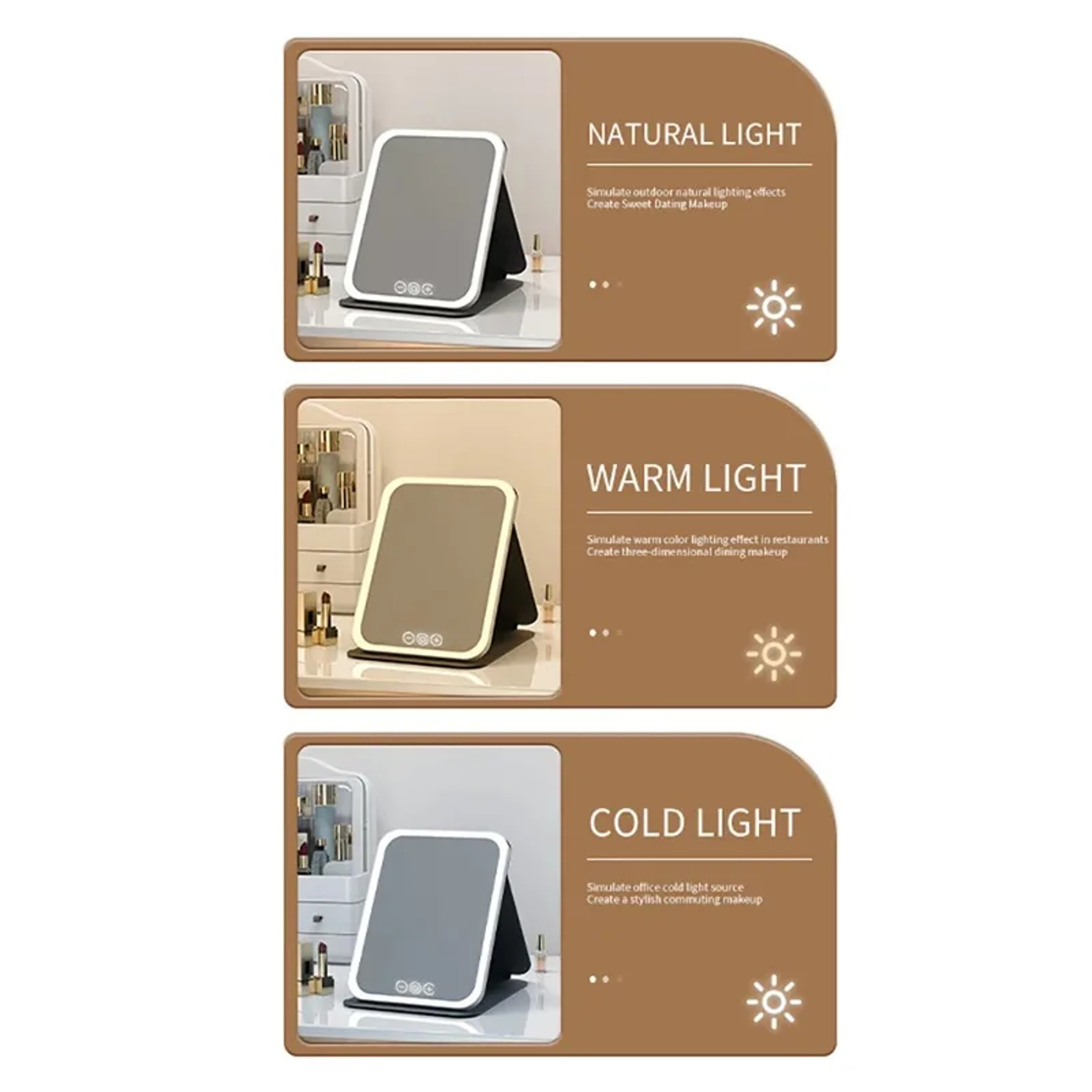 LED Makeup Mirror Rechargeable Touch Control Travel Vanity Mirror With Adjustable Lights 3