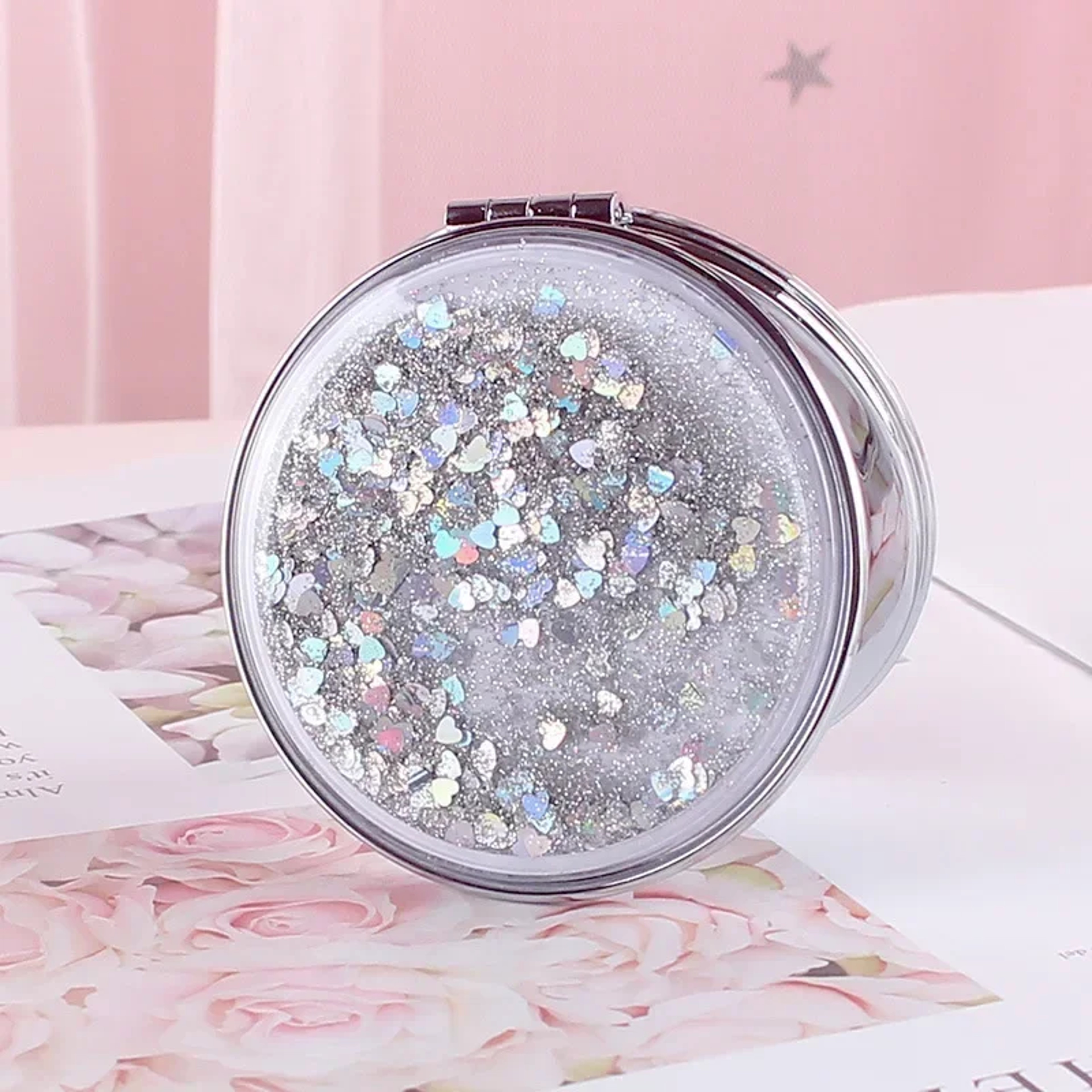 Flowing Sand Compact Pocket Mirror With 2X Magnifying DoubleSided Travel Makeup Mirror 4