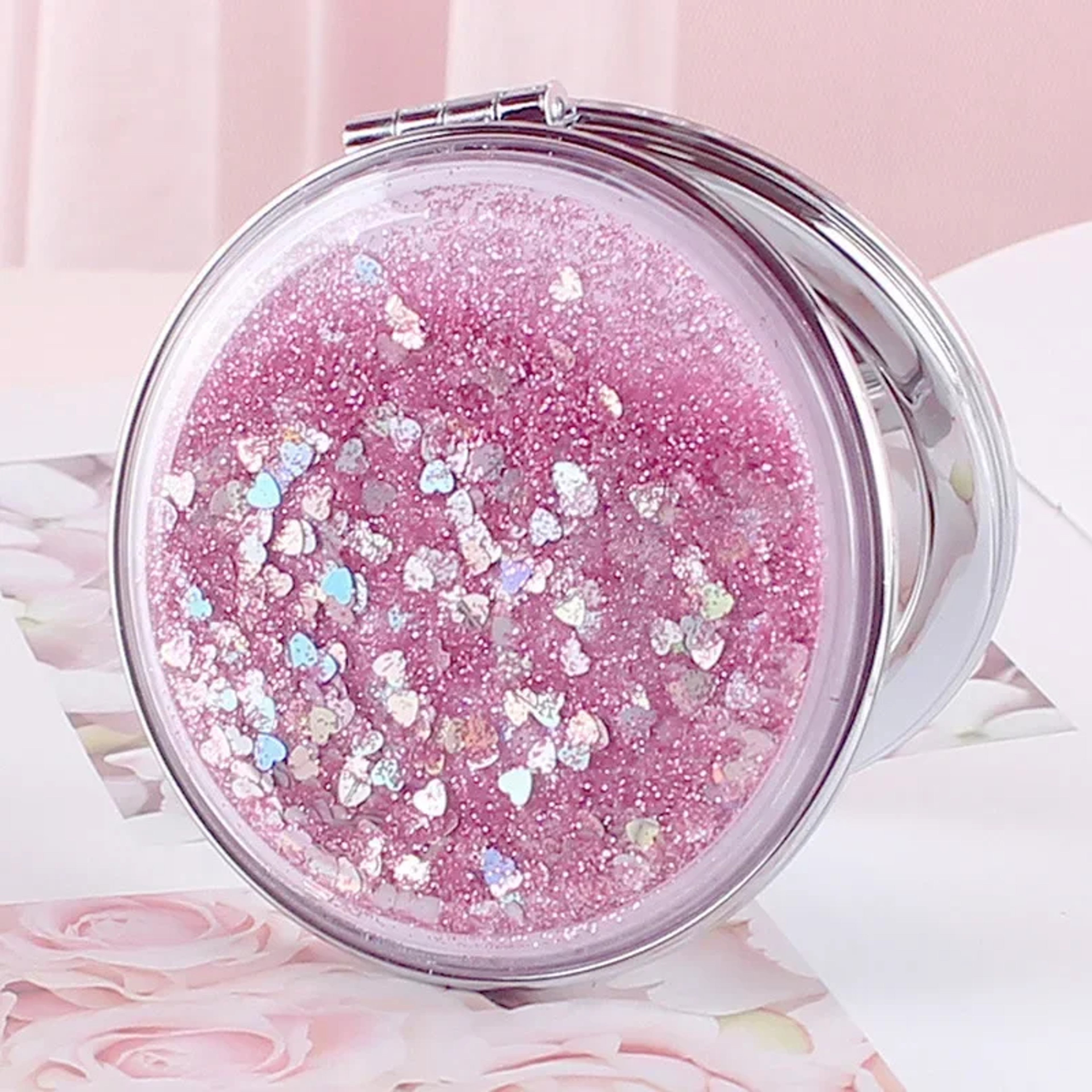 Flowing Sand Compact Pocket Mirror With 2X Magnifying DoubleSided Travel Makeup Mirror 5