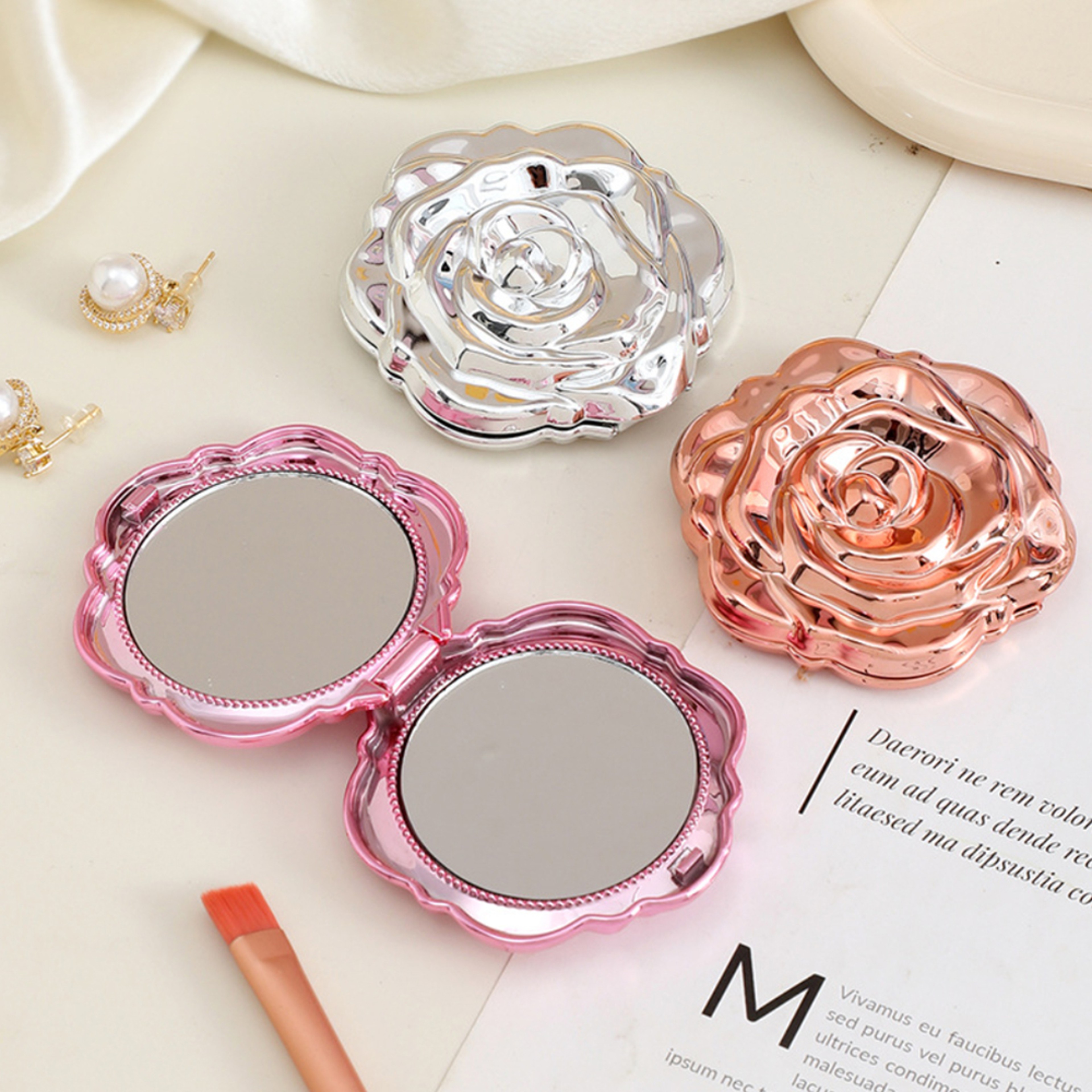 Double Sided Mirror Foldable Portable Makeup Mirror Rose Flower Mirror Exquisite For Pocket Handbag 0