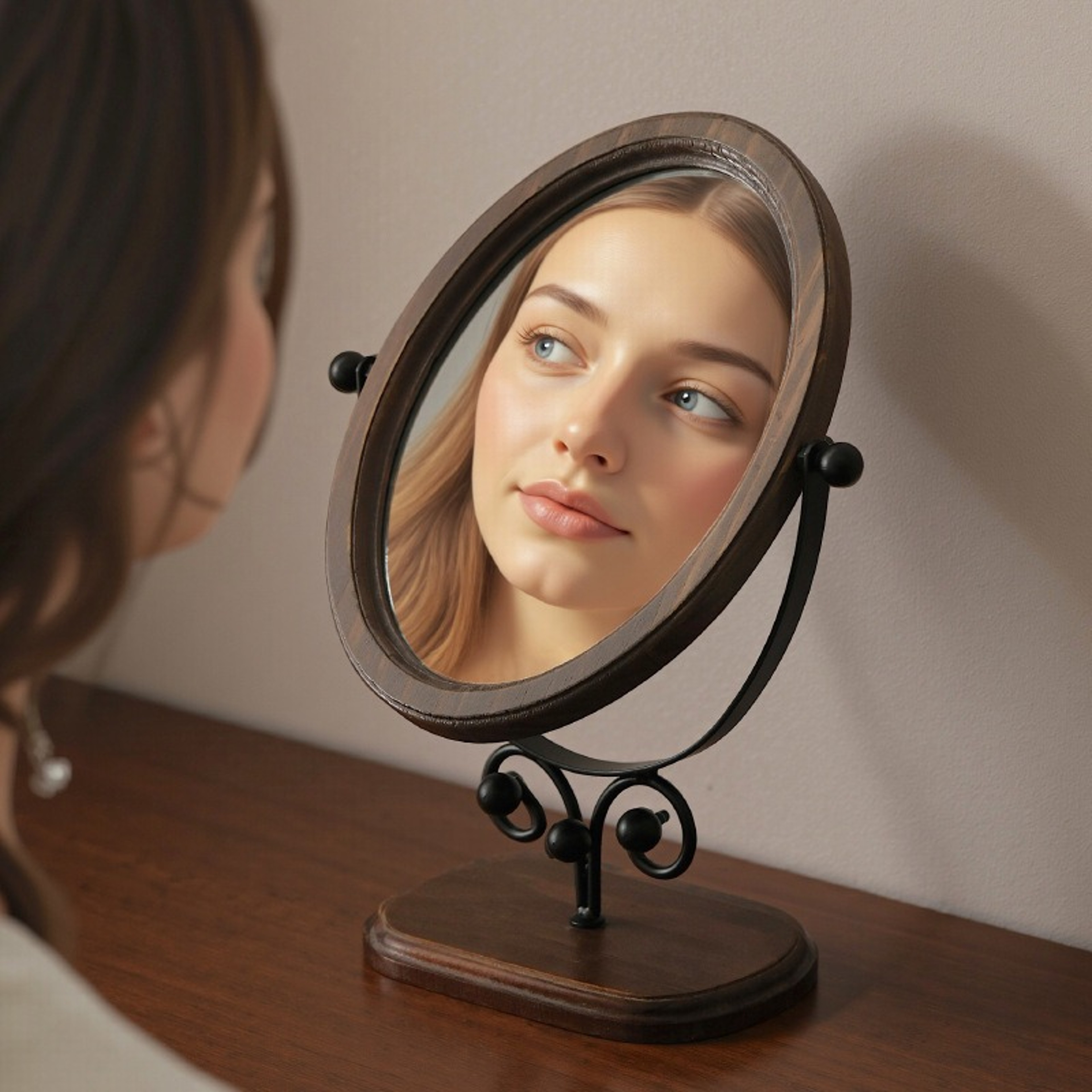 Vintage Wooden Makeup Mirror Rotating Desktop Vanity Mirror with Classic Wooden Stand – view 2