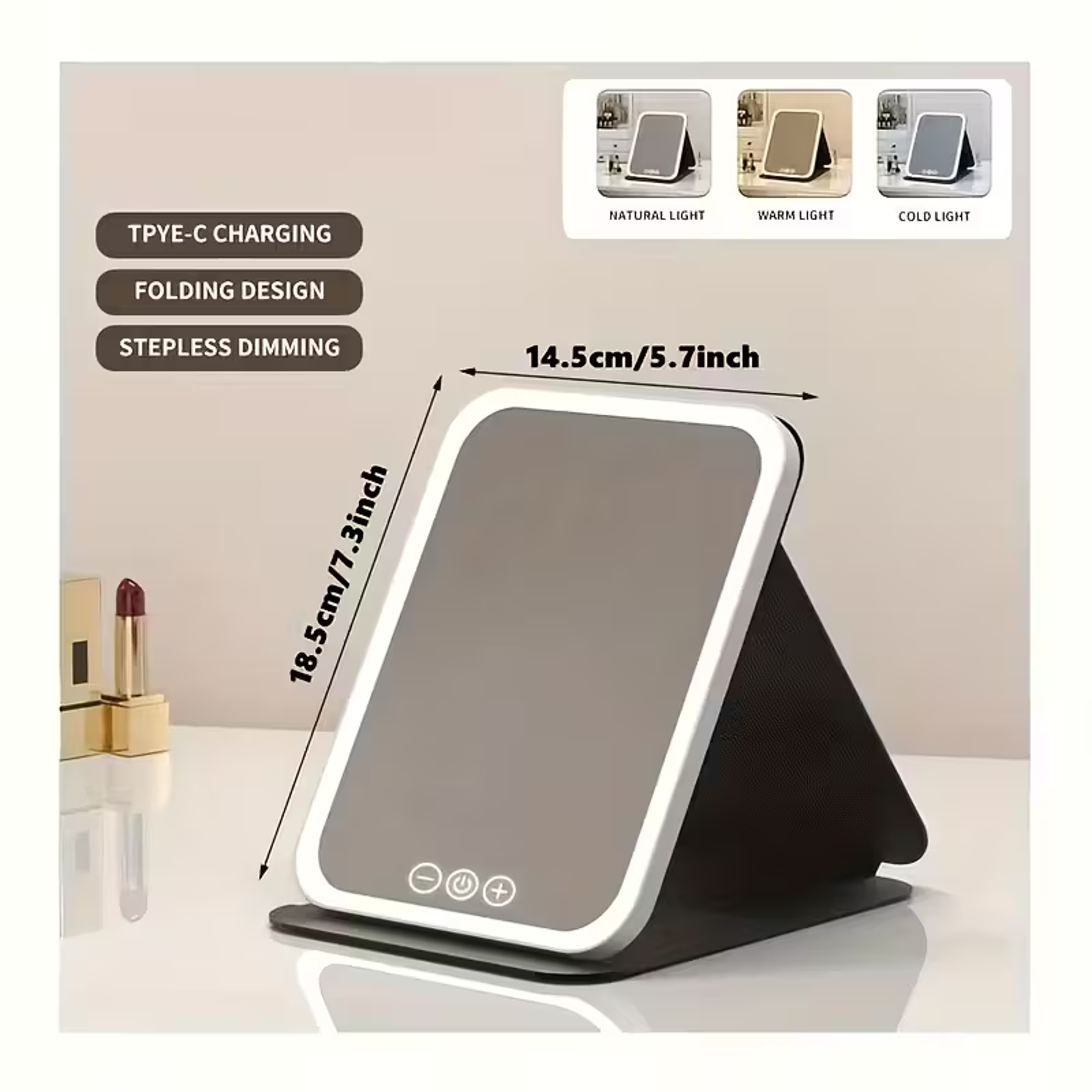 Portable LED Makeup Mirror with 3 Color Lights, Touch Screen & USB Rechargeable Travel Vanity Mirror – view 3