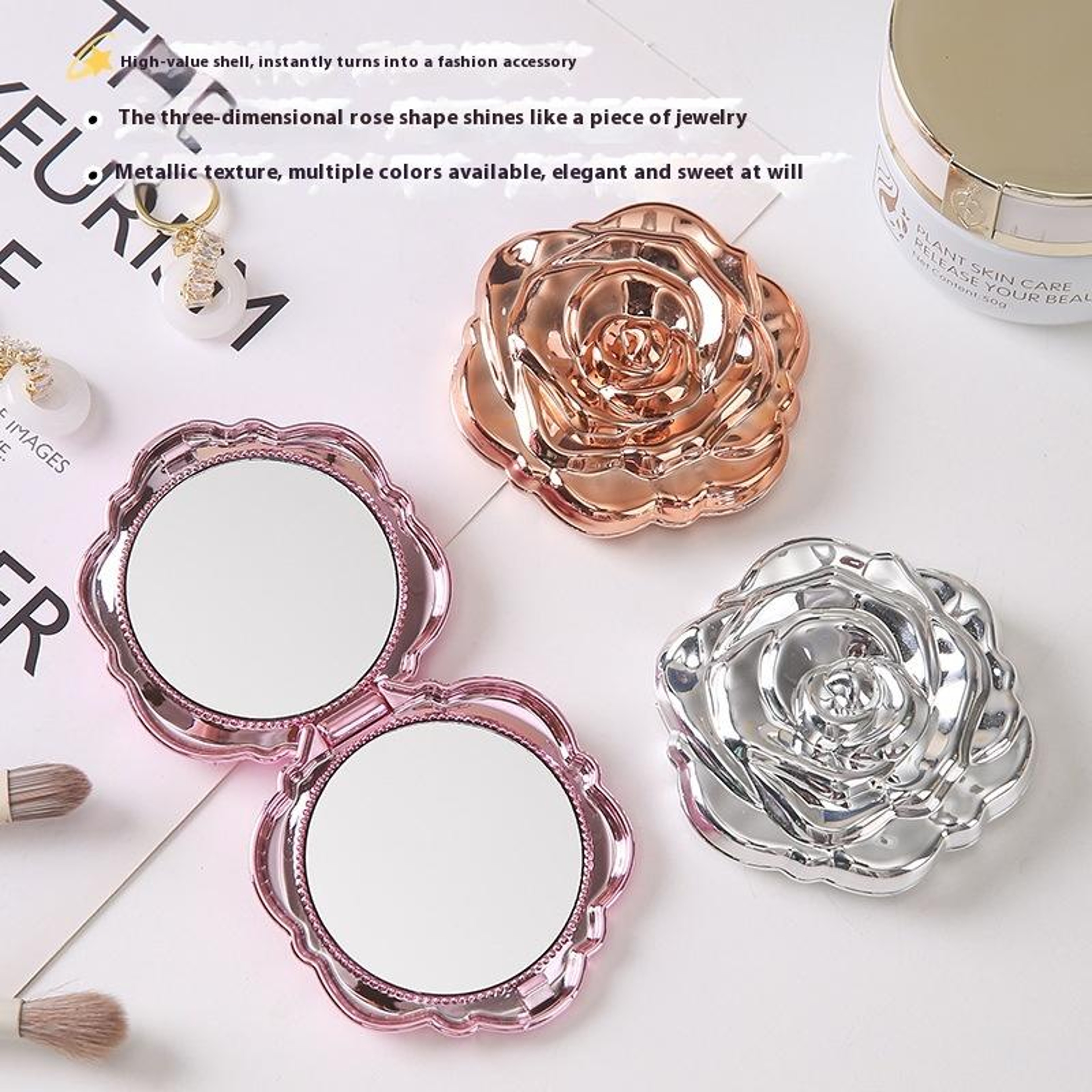Retro Rose Compact Makeup Mirror Double Sided Pocket Travel Mirror For Purse  Makeup Touch Ups 3