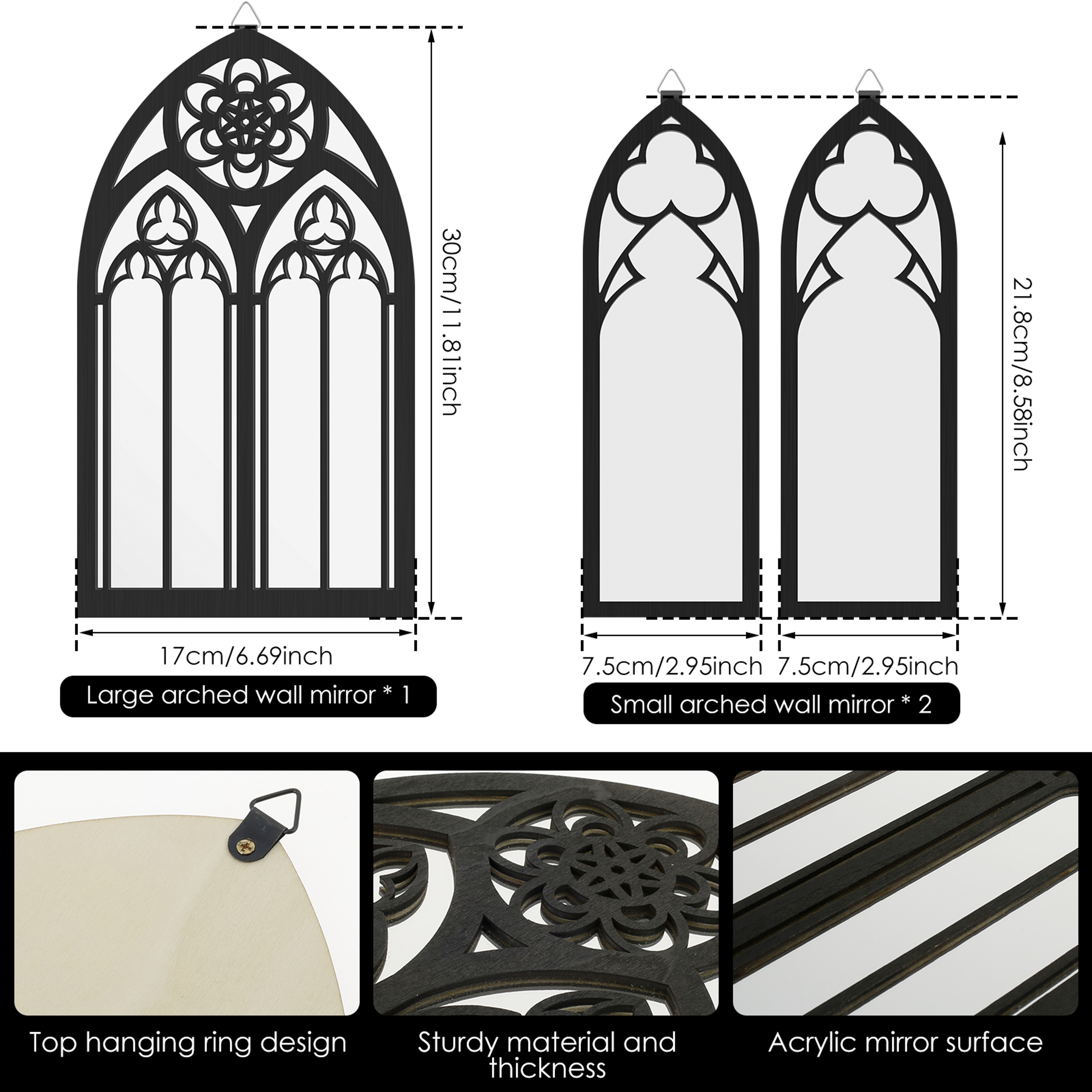 Vintage Gothic Wall Mirror Set with Cathedral Arch Design for Bedroom & Living Room Decor – view 3