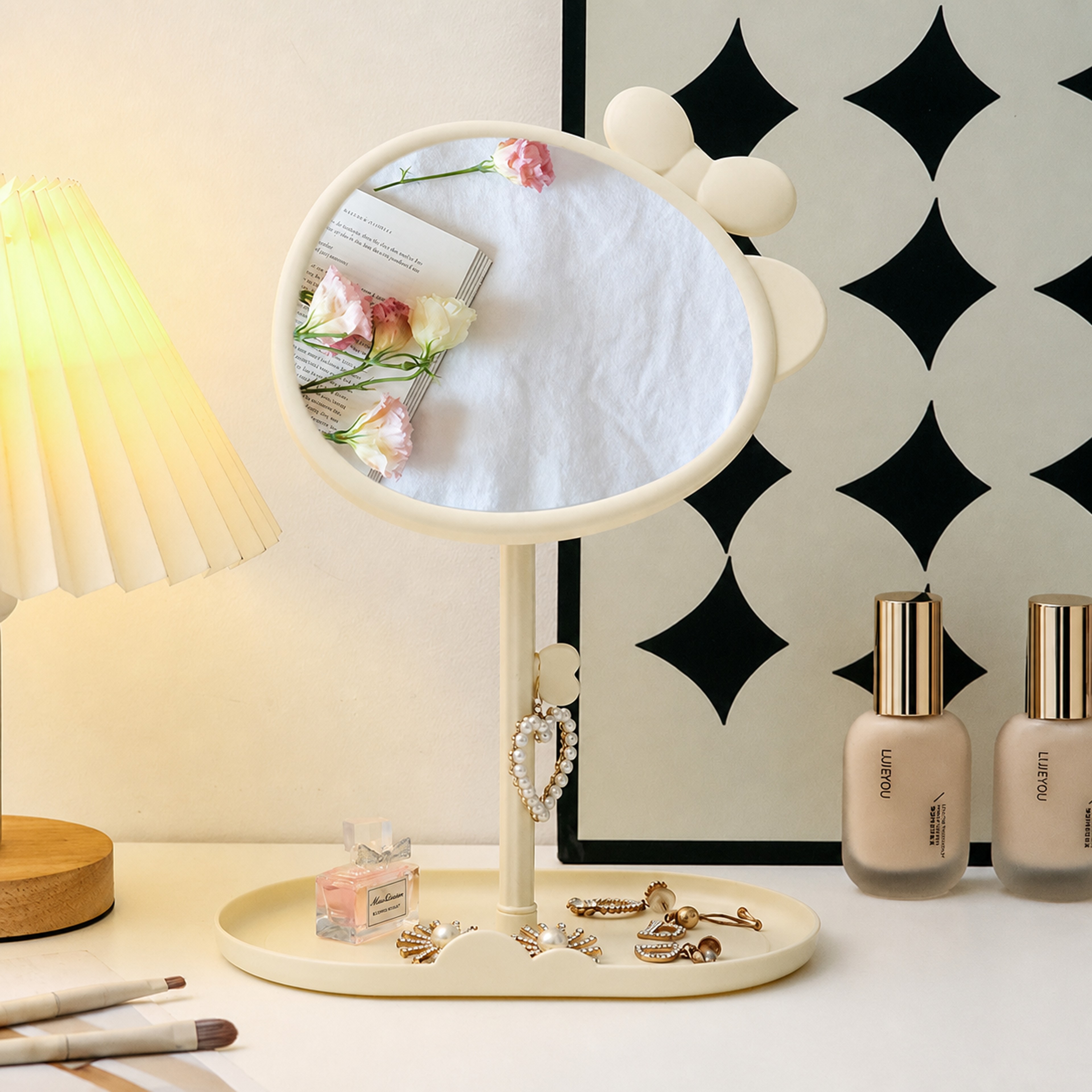 Cute Bow Makeup Mirror With Storage Tray 360 Rotating Kawaii Vanity Desk Mirror 6