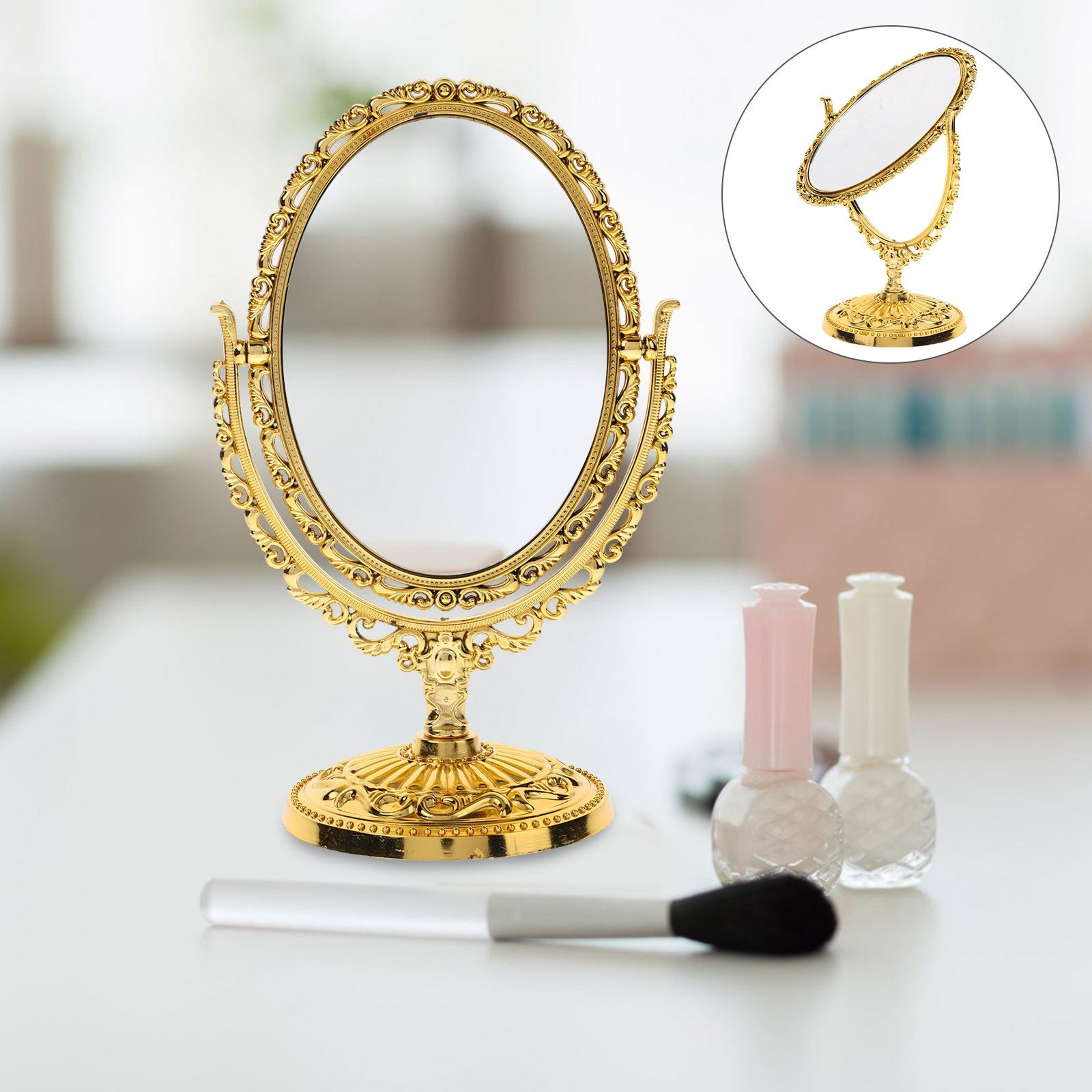 Vintage Rotating Makeup Mirror with Double Sided Oval Design Decorative Tabletop Vanity Mirror – view 7