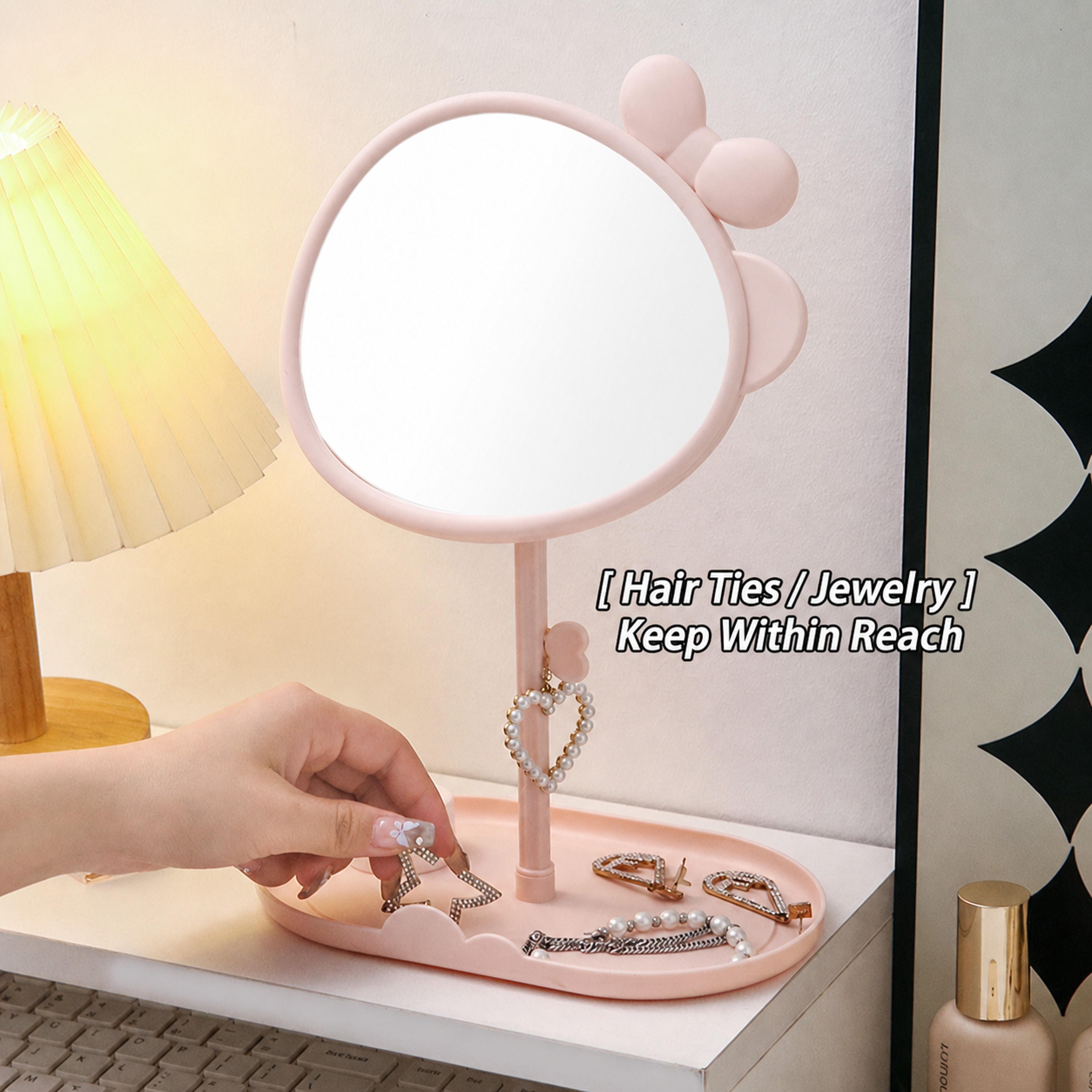 Cute Desktop Vanity Mirror With 360 Rotating Makeup Mirror  Storage Tray 3