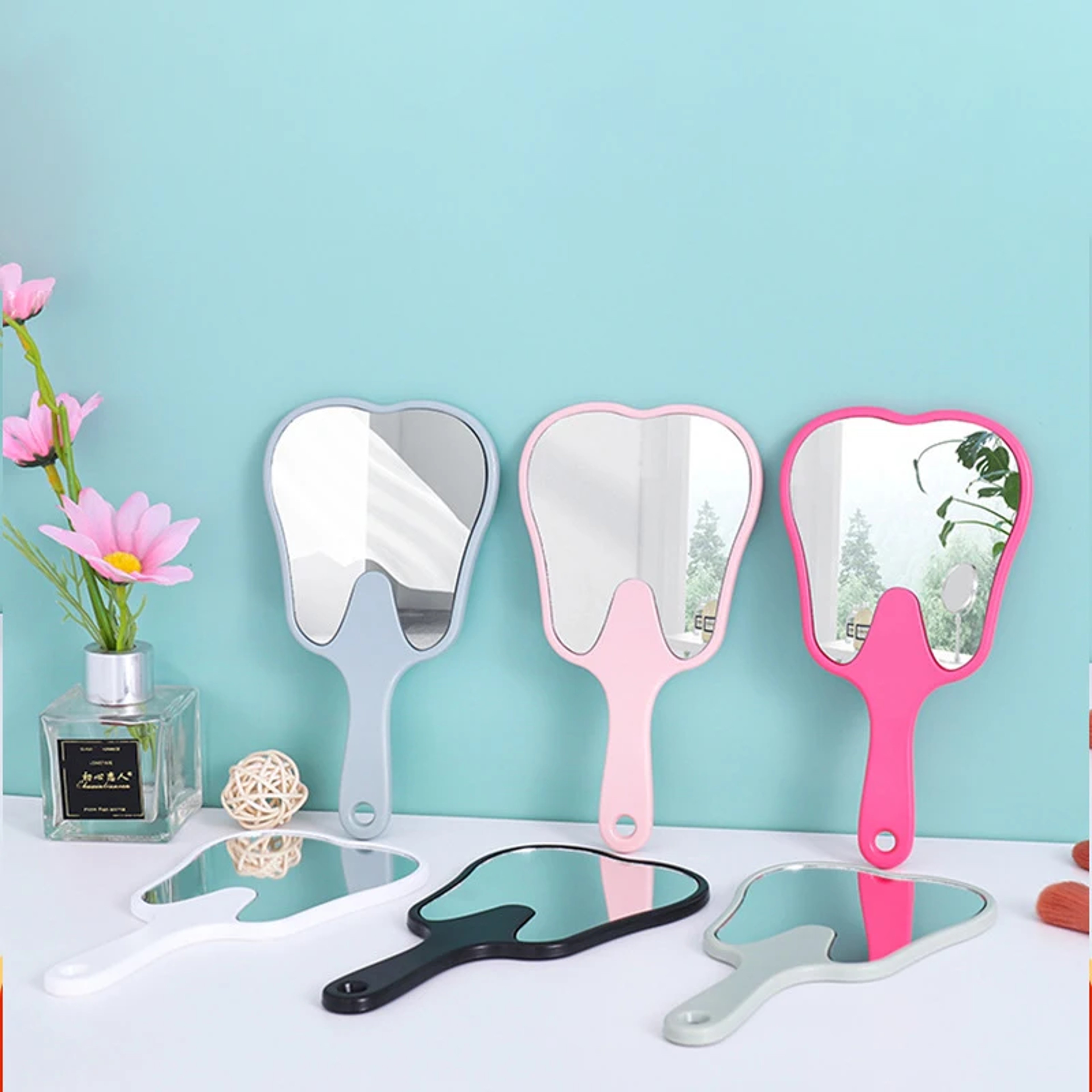 Cute Tooth Shaped Handheld Makeup Mirror Portable High Definition Vanity Mirror with Handle – view 4