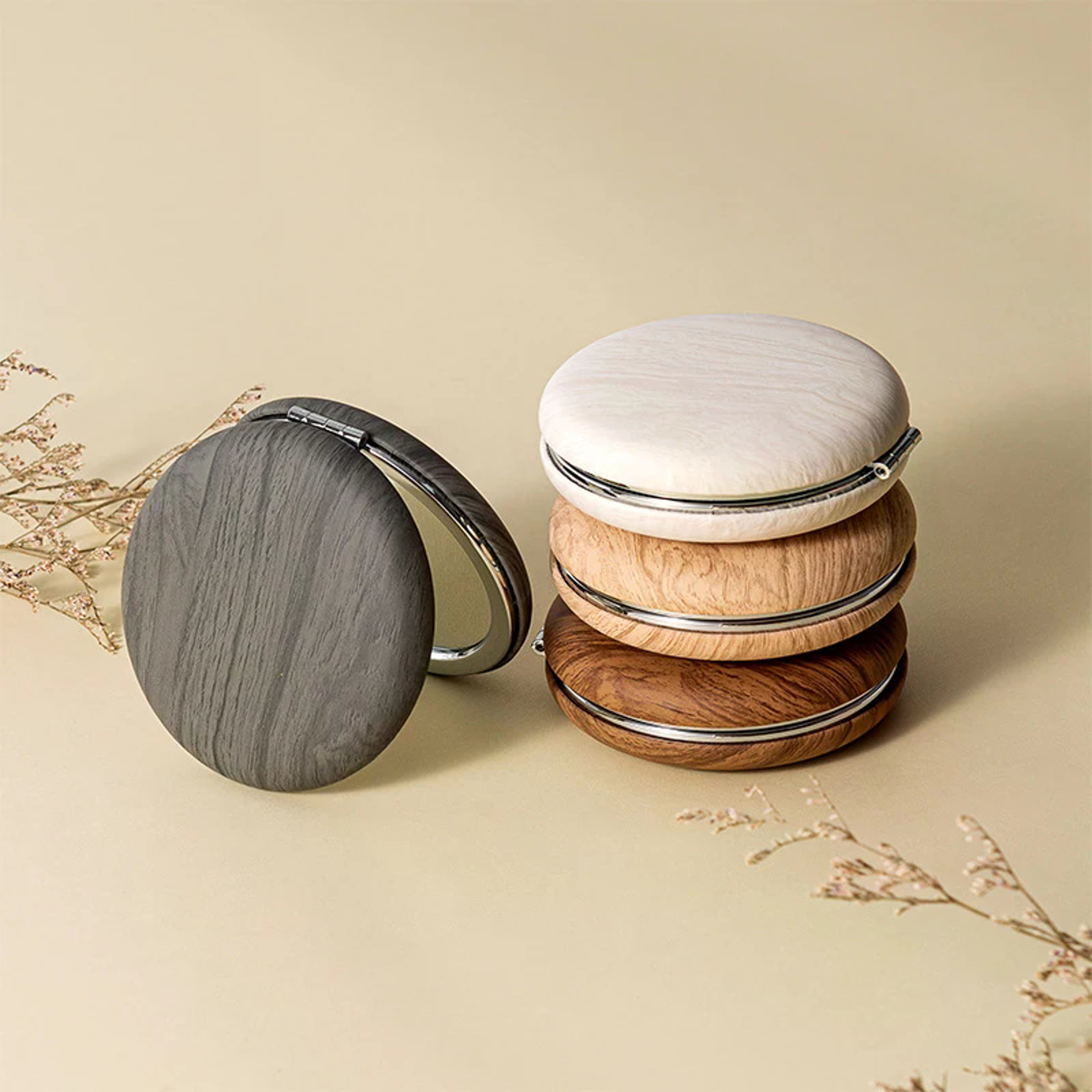 Vintage Compact Makeup Mirror With 2X Magnification Wood Grain Travel Pocket Mirror 0