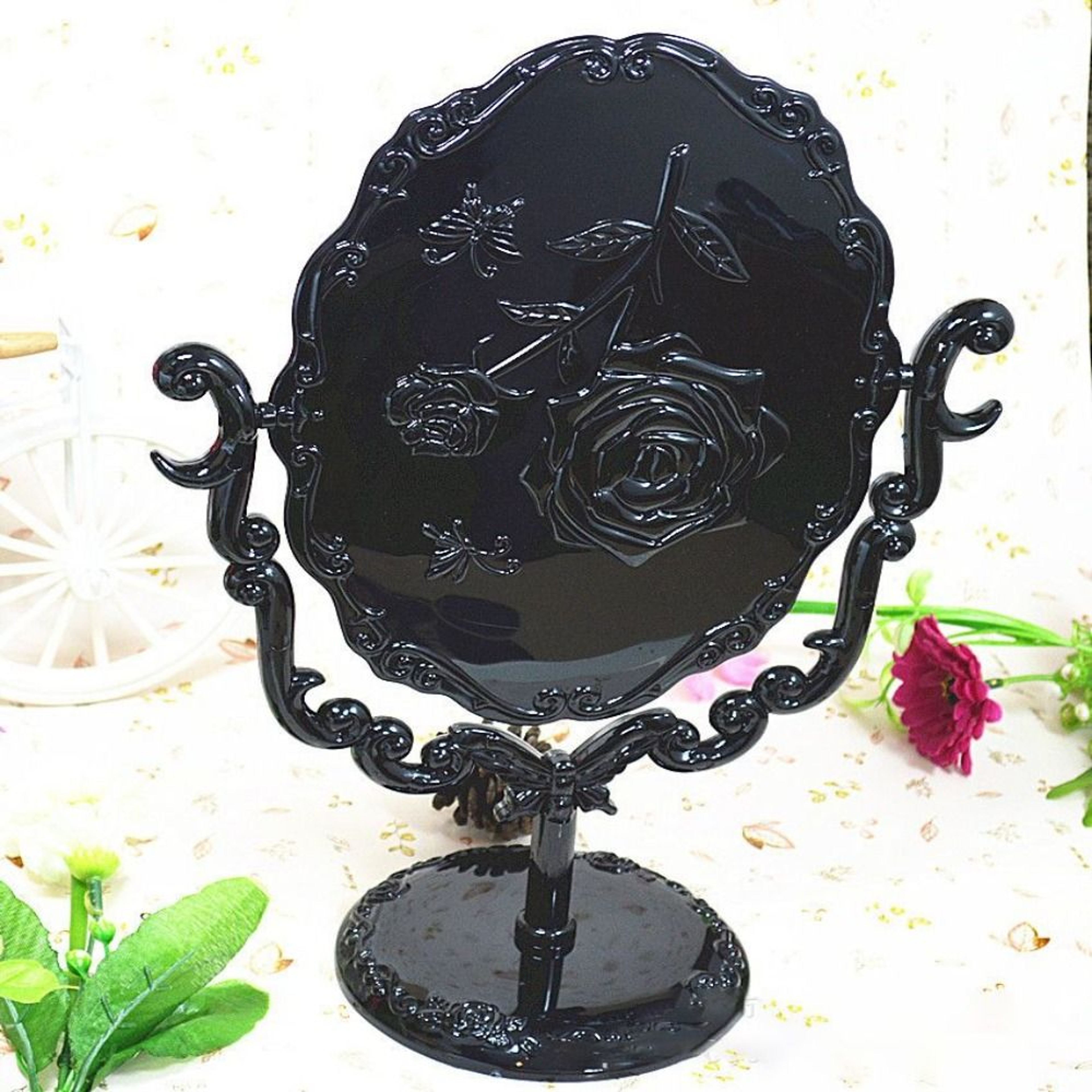 Vintage Butterfly Rotating Makeup Mirror Desktop Vanity Mirror with Gothic Rose Stand – view 1