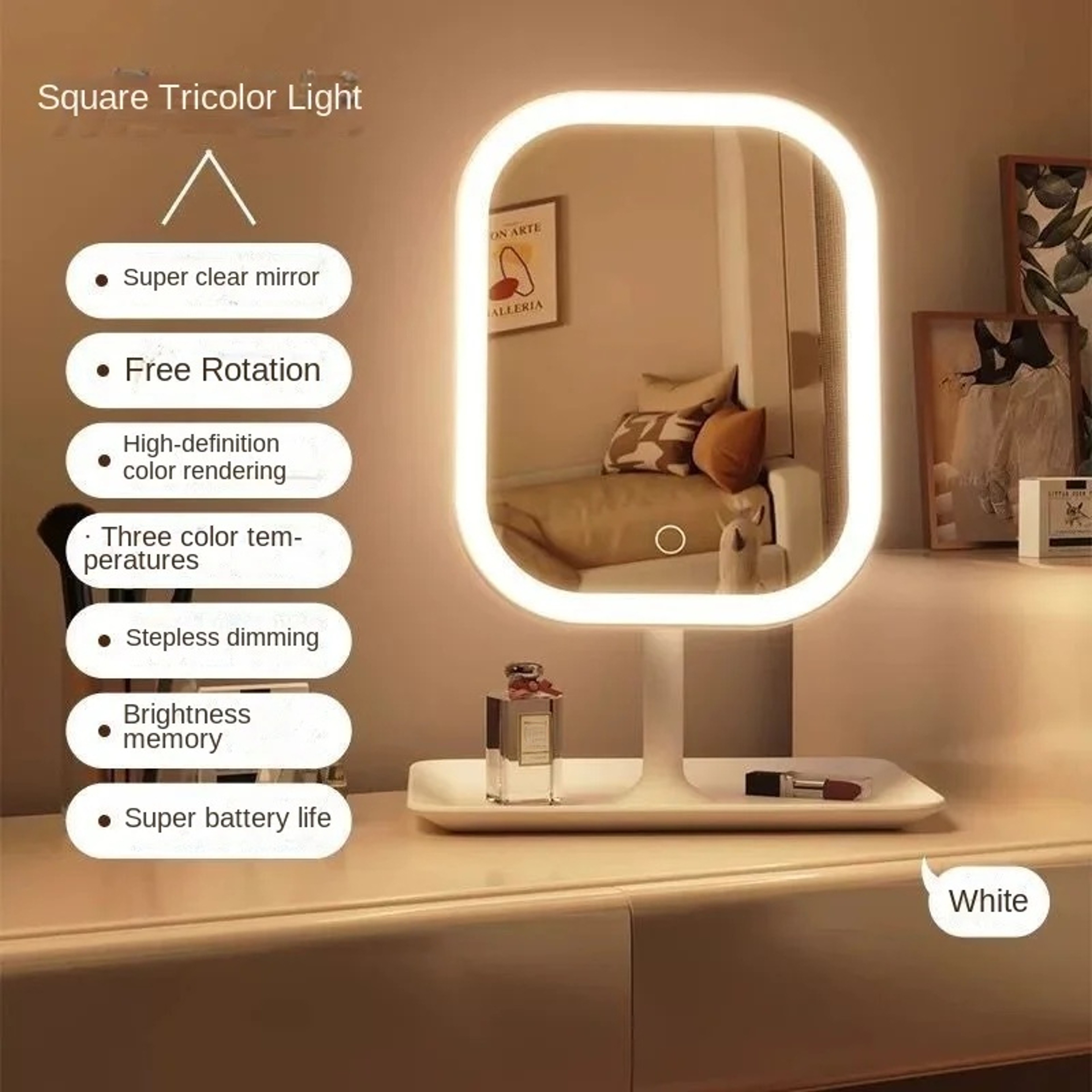 LED Makeup Mirror with Rechargeable Battery, 3 Color Lights & Touch Control Portable Vanity Mirror – view 7