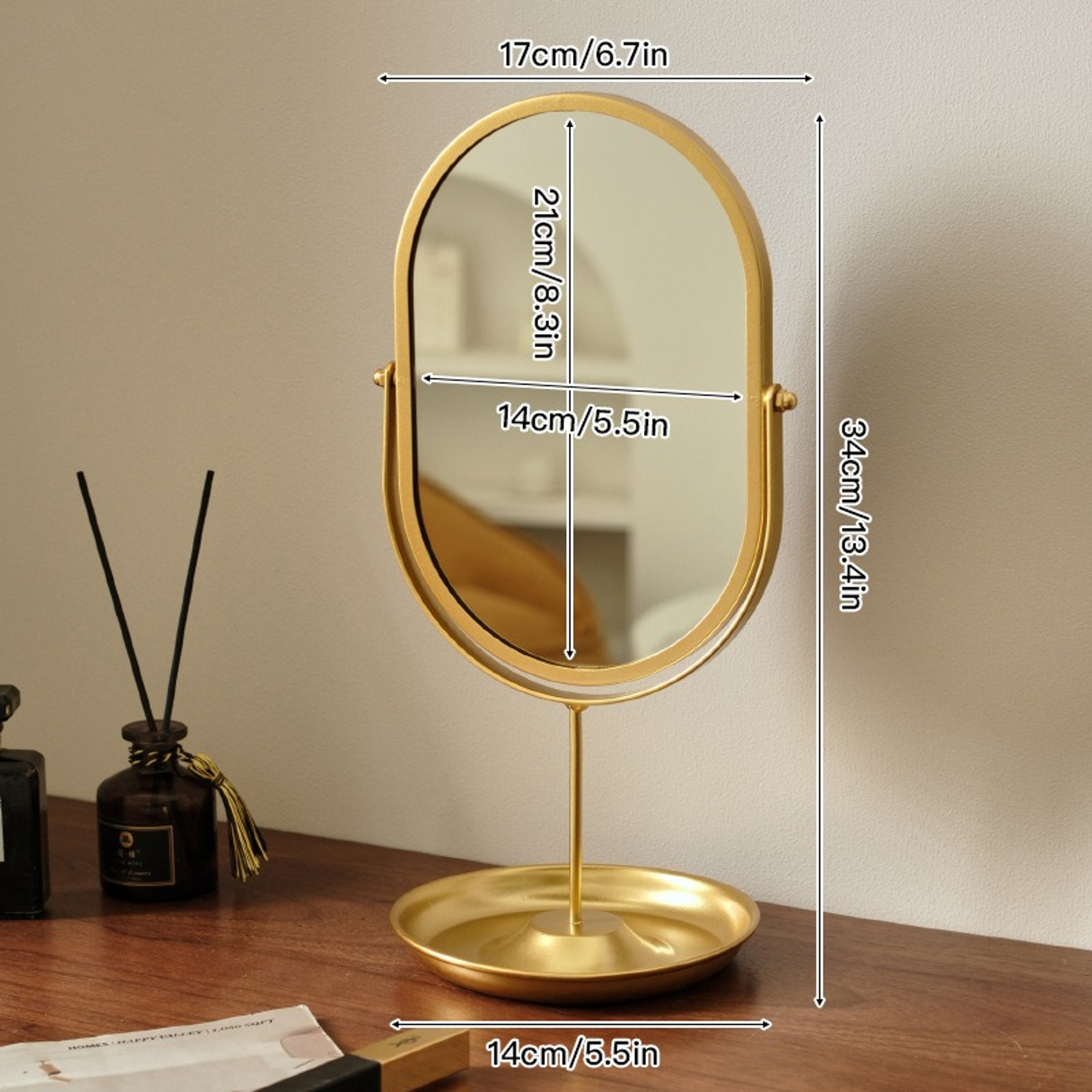 Modern Vanity Mirror with 360° Rotation Oval Tabletop Makeup Mirror for Bedroom, Bathroom & Vanity Desk – view 5