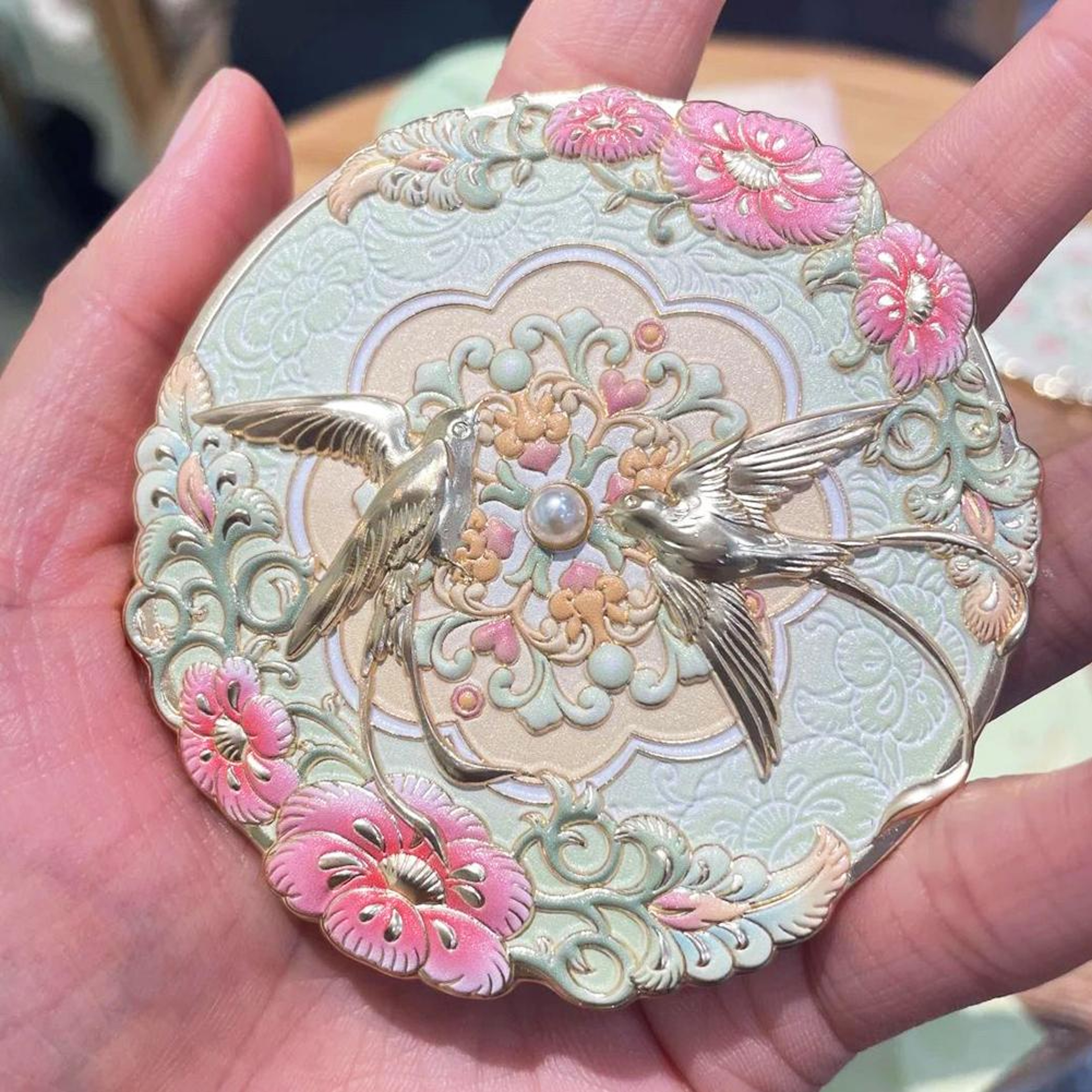 Vintage Chinese Style Compact Makeup Mirror with Embossed Bird & Floral Design Portable Metal Pocket Mirror – view 2