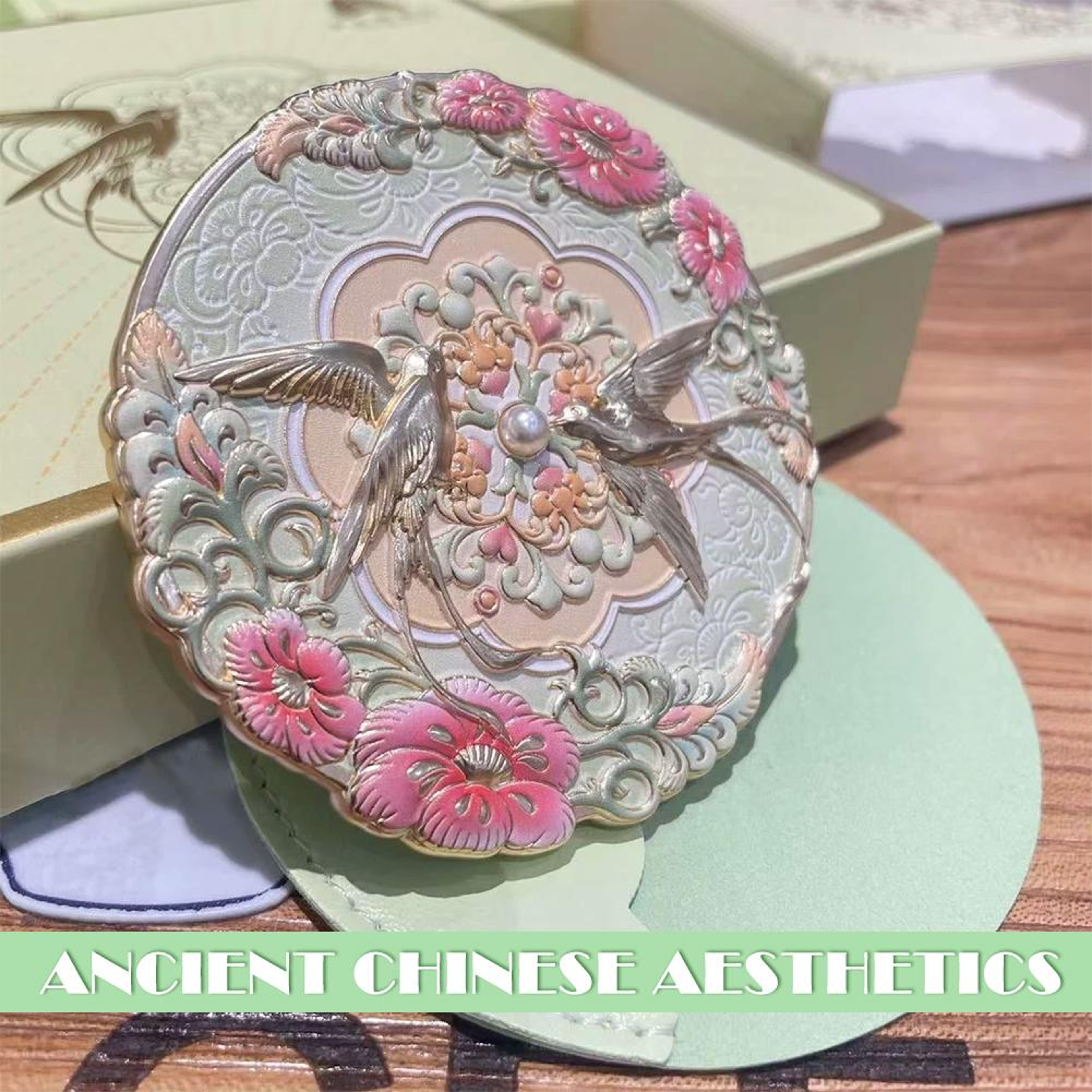 Vintage Chinese Style Compact Makeup Mirror with Embossed Bird & Floral Design Portable Metal Pocket Mirror – view 5