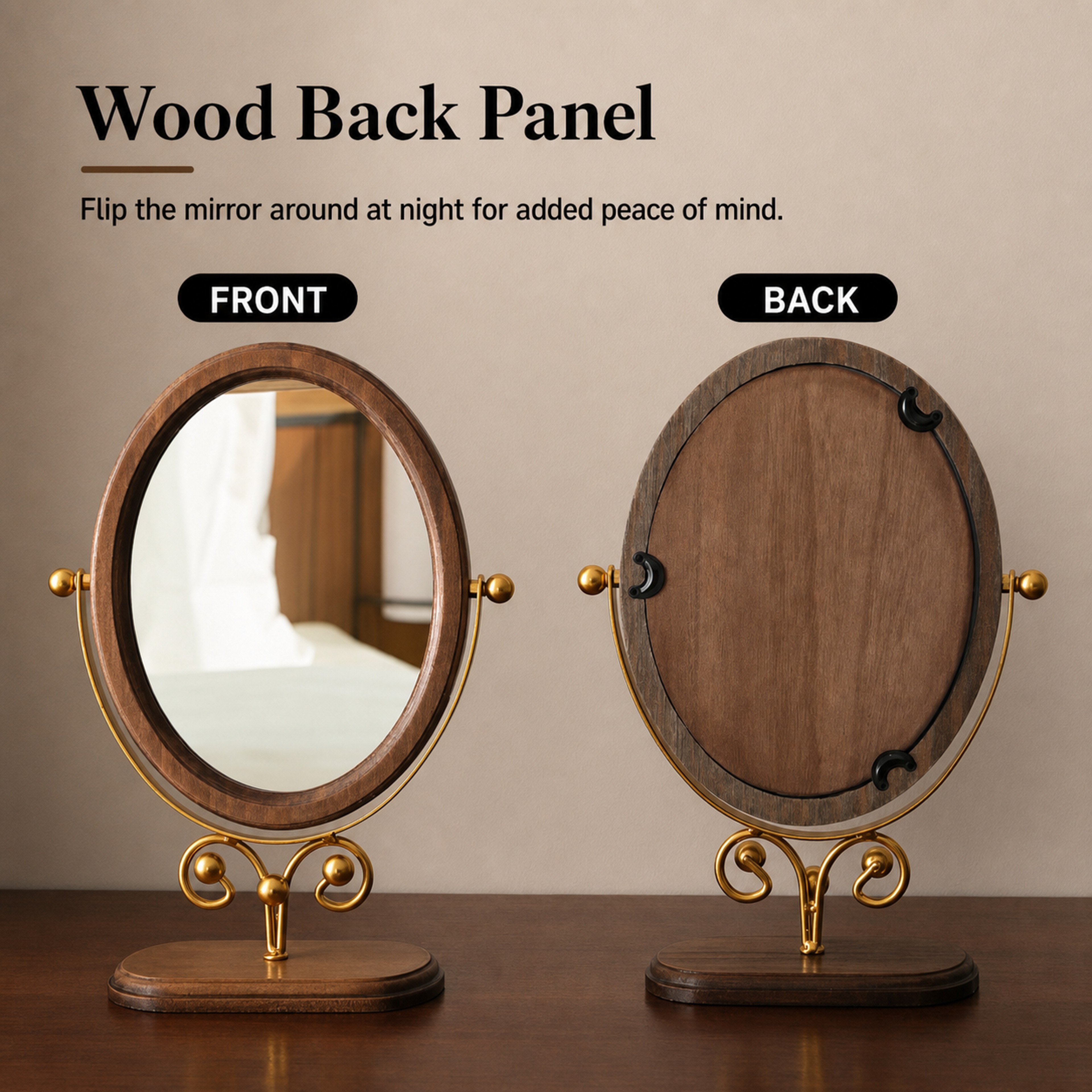 Wooden Vanity Mirror with 360° Rotating Stand Solid Wood Tabletop Makeup Mirror for Bedroom Bathroom Dresser – view 1