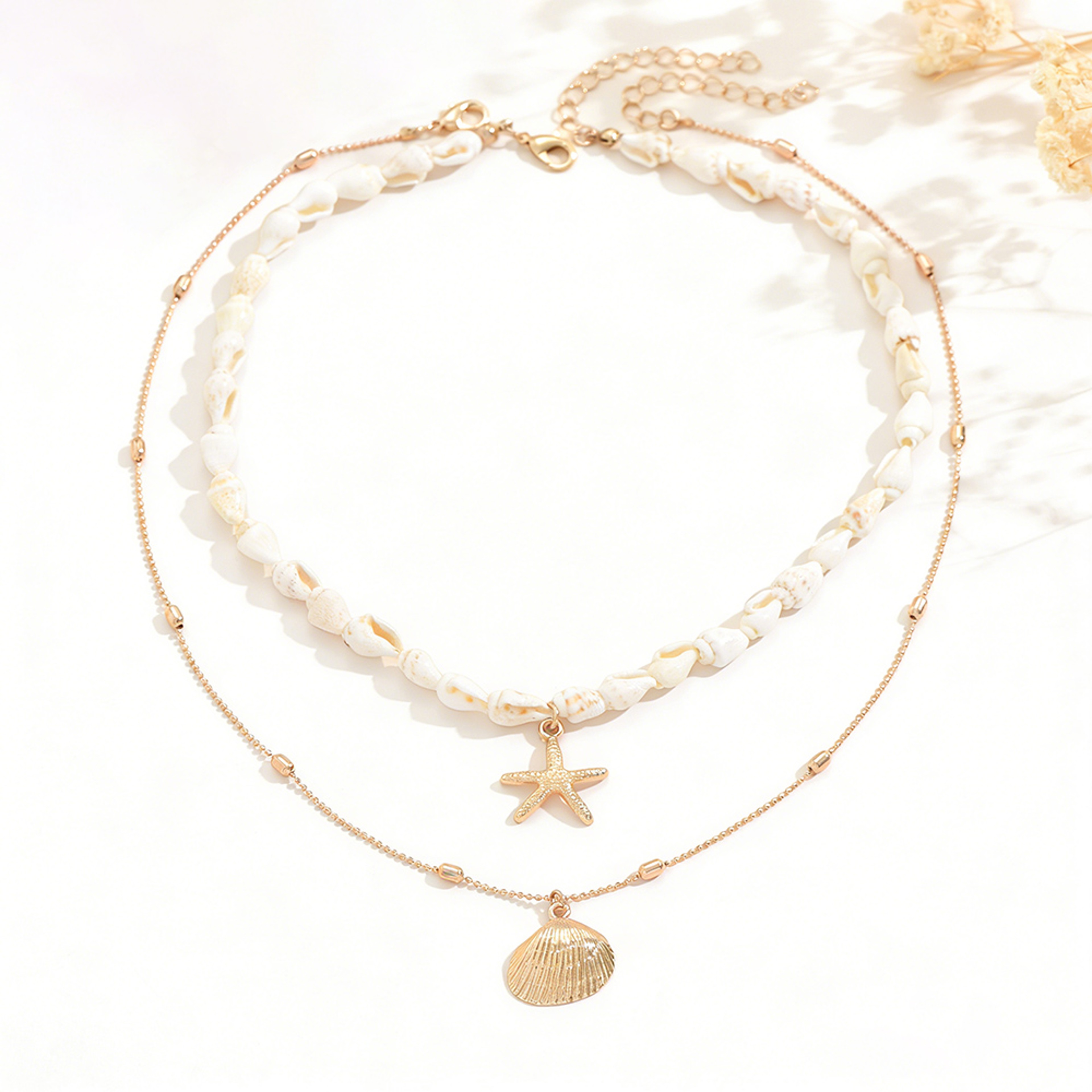 Layered Shell Necklace Set for Women with Cowrie Shell, Pearl & Starfish Charms – view 6