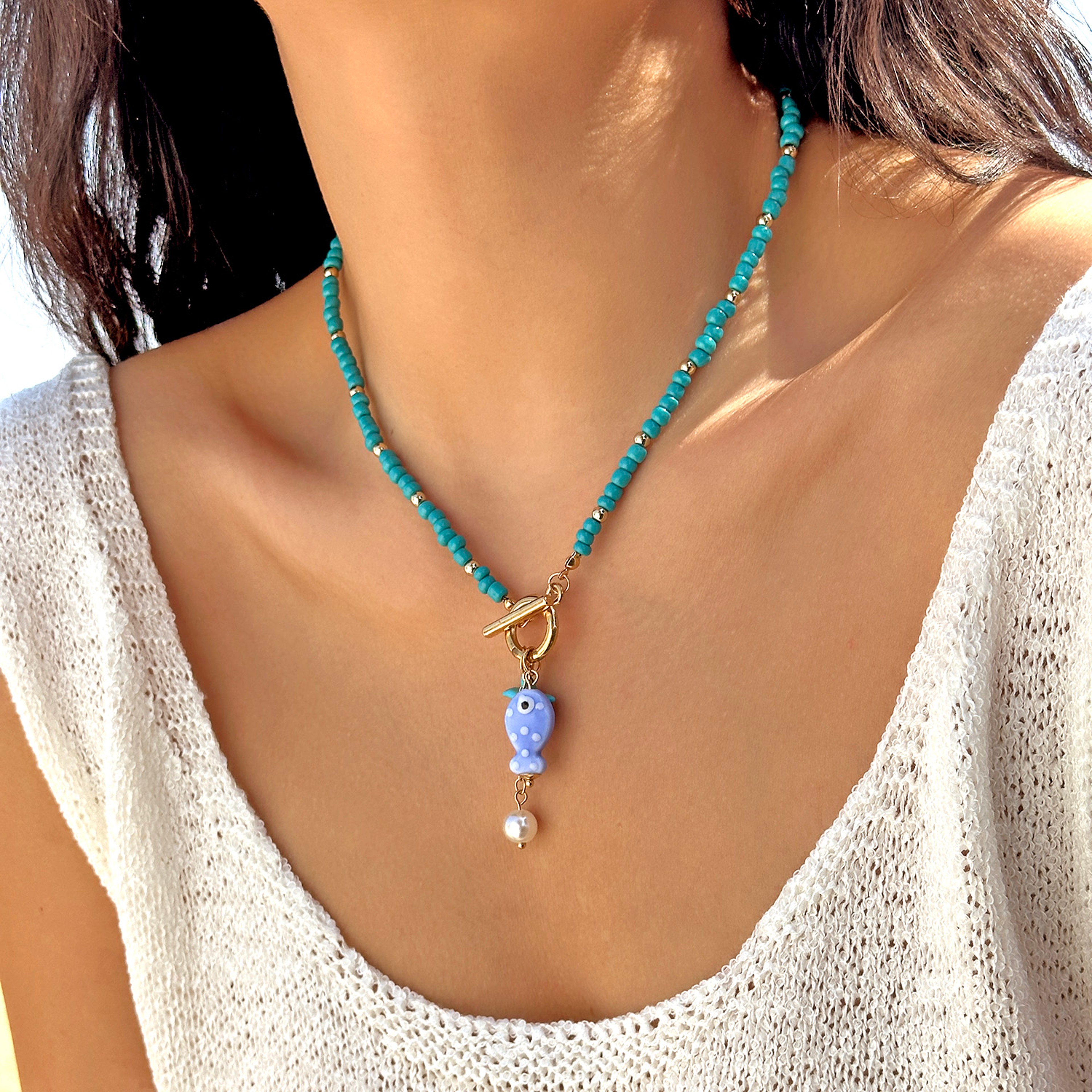 Boho Beach Necklace with Ceramic Fish & Starfish Pendant Colorful Beaded Ocean Inspired Jewelry – view 7