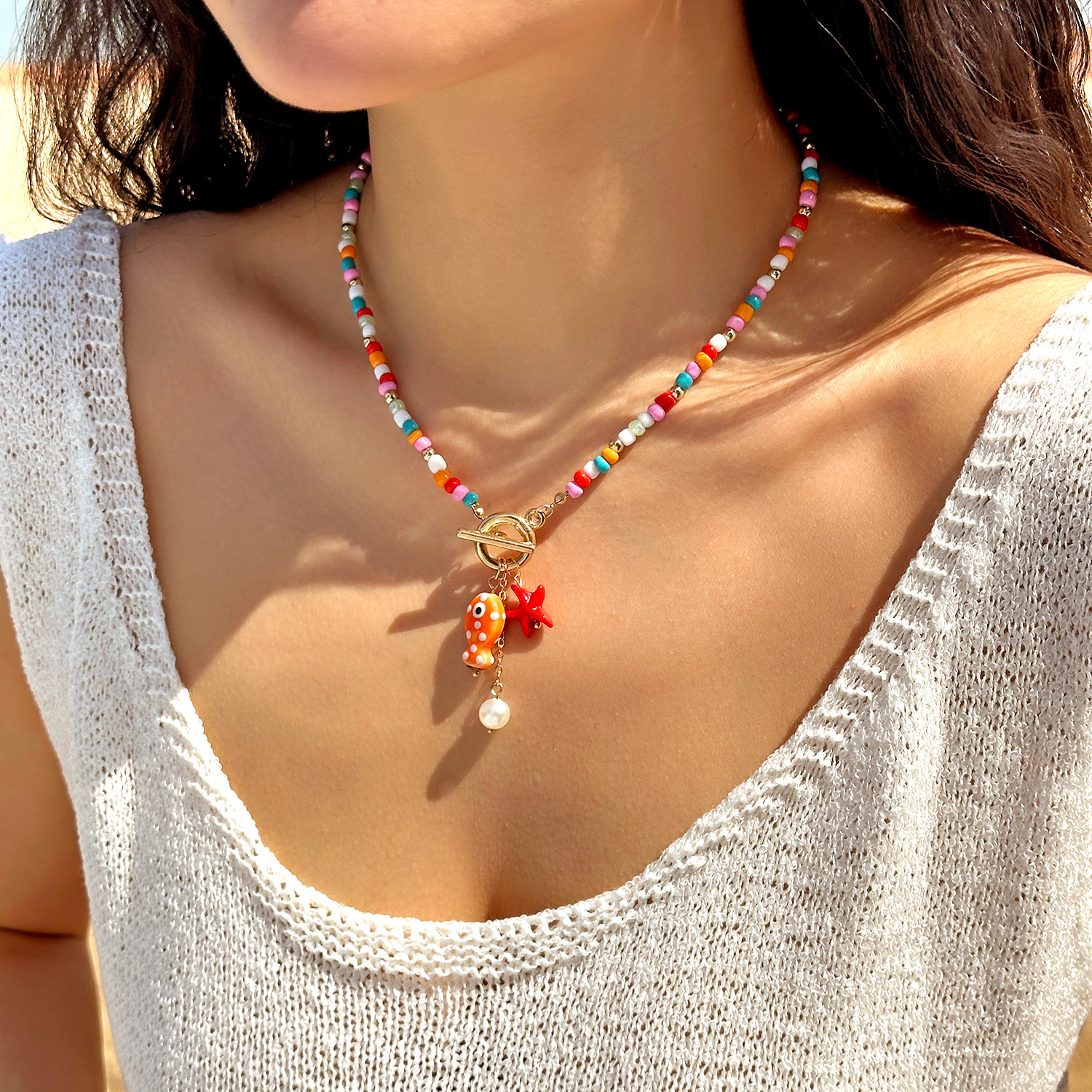 Boho Beach Necklace with Ceramic Fish & Starfish Pendant Colorful Beaded Ocean Inspired Jewelry – view 9