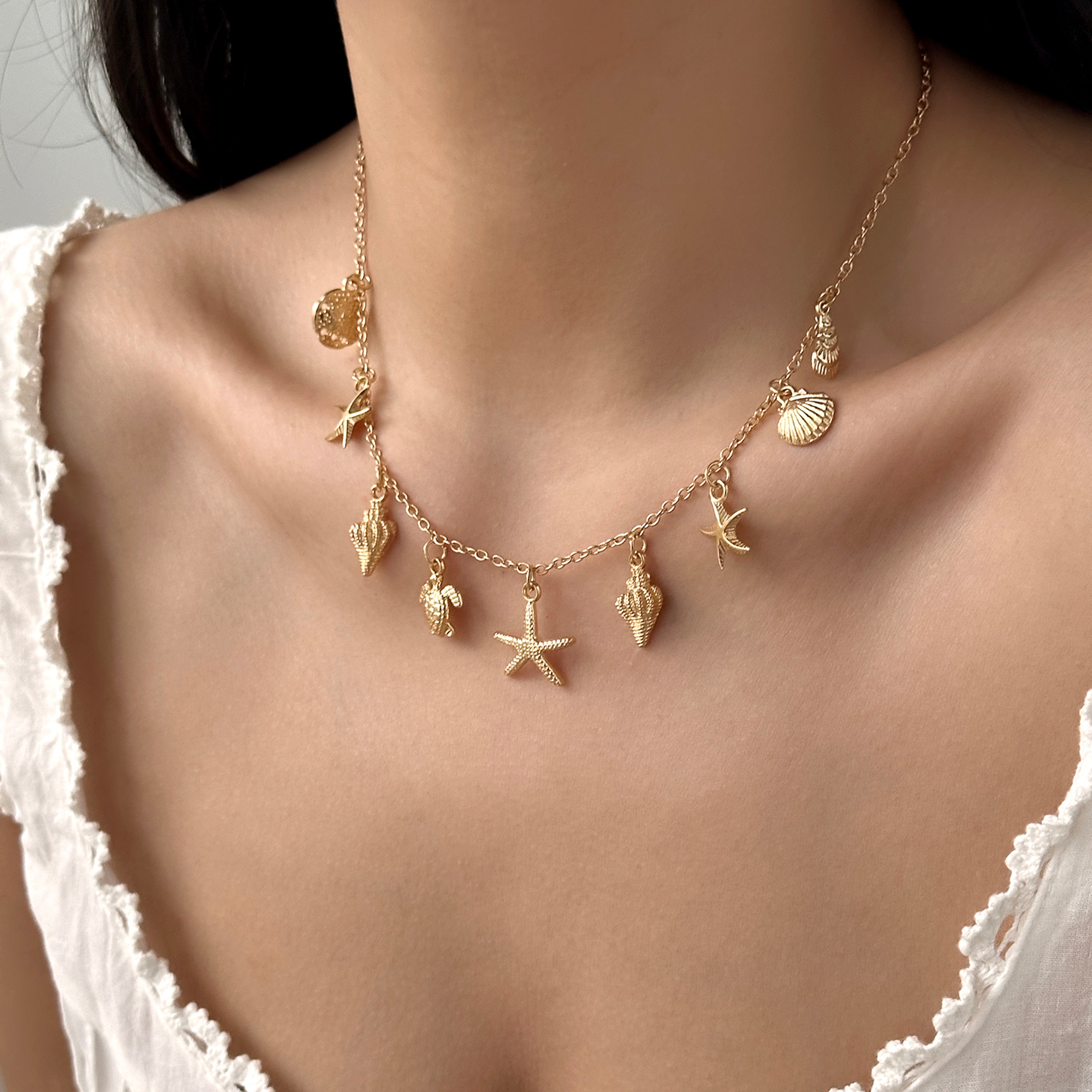 Gold Starfish & Shell Pendant Necklace for Women – Beach Jewelry Ocean-Inspired Coastal Necklace – view 1