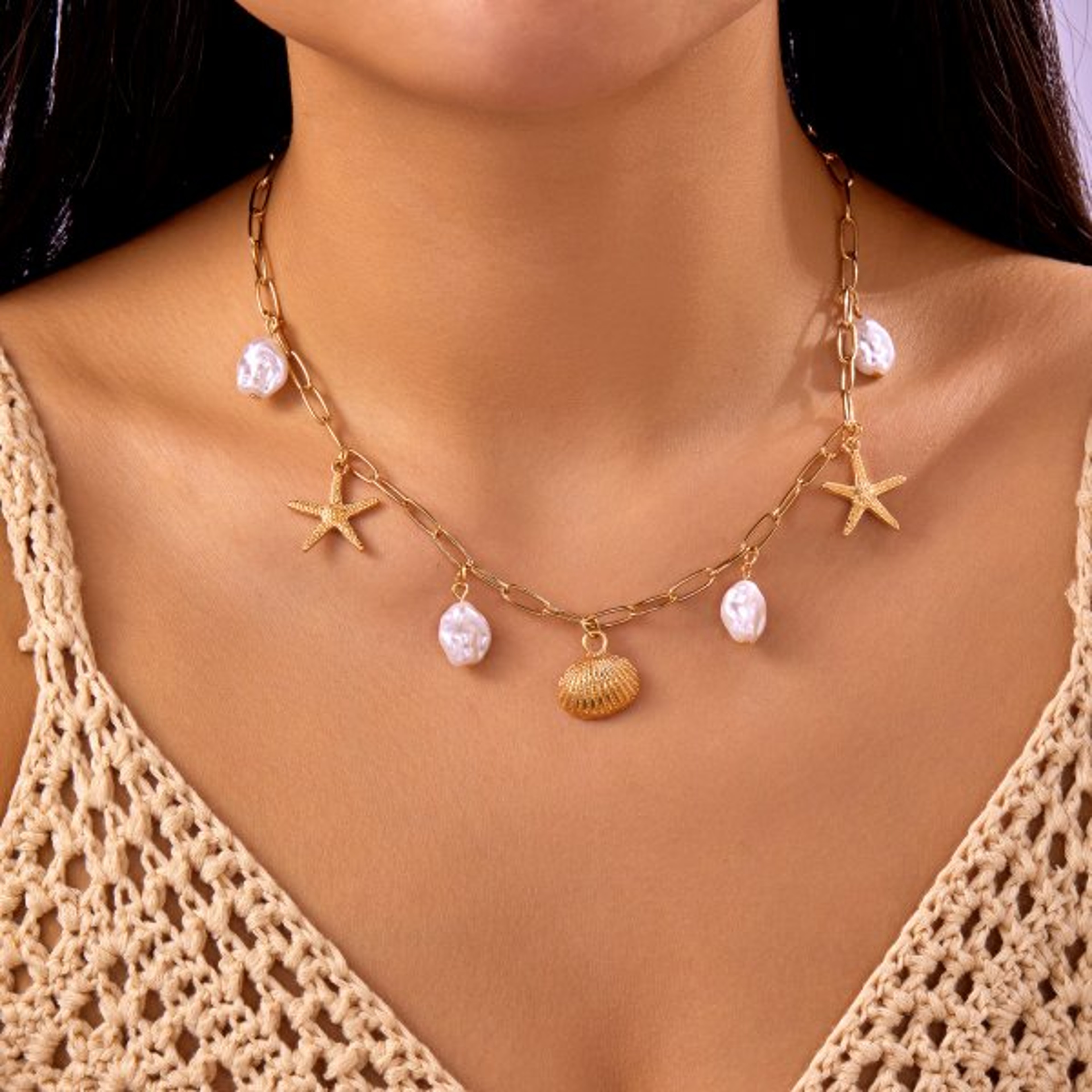 Gold Starfish & Shell Pendant Necklace for Women – Beach Jewelry Ocean-Inspired Coastal Necklace – view 7
