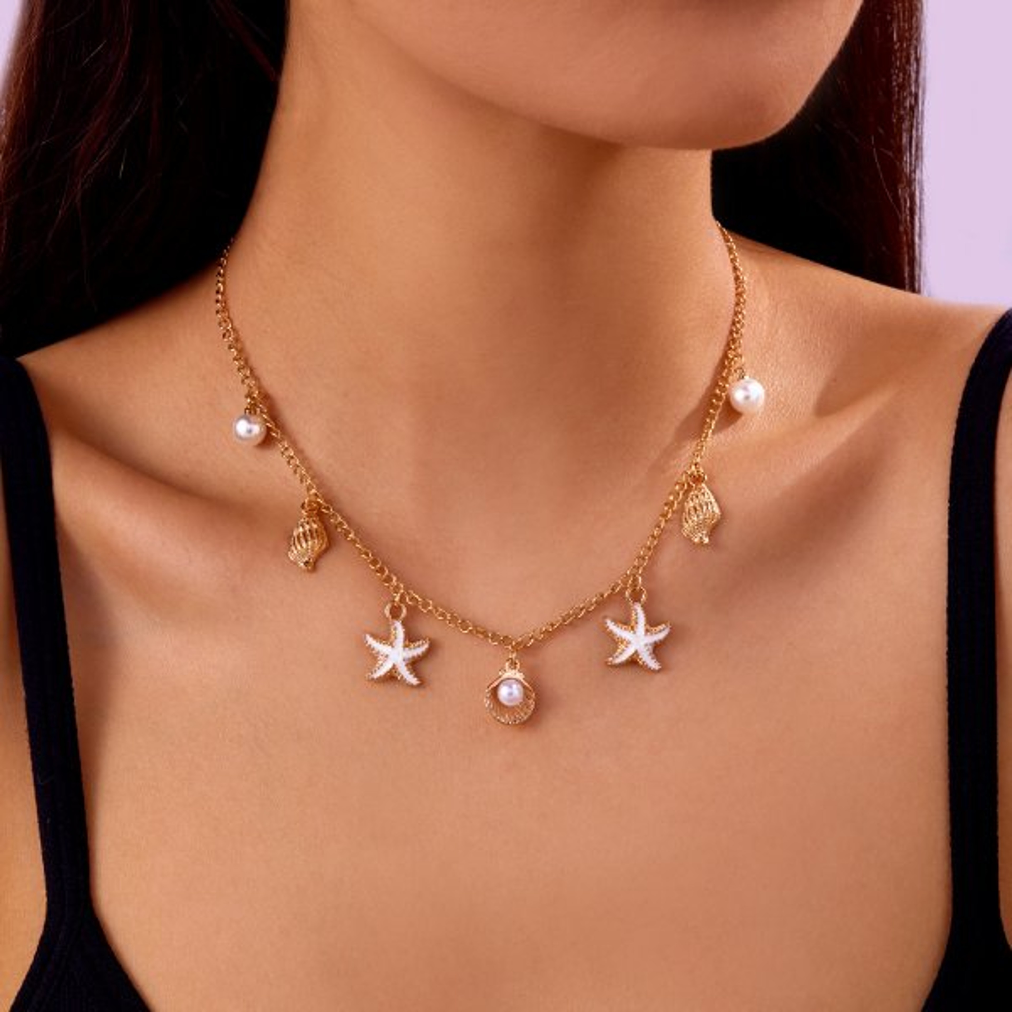 Gold Starfish & Shell Pendant Necklace for Women – Beach Jewelry Ocean-Inspired Coastal Necklace – view 10