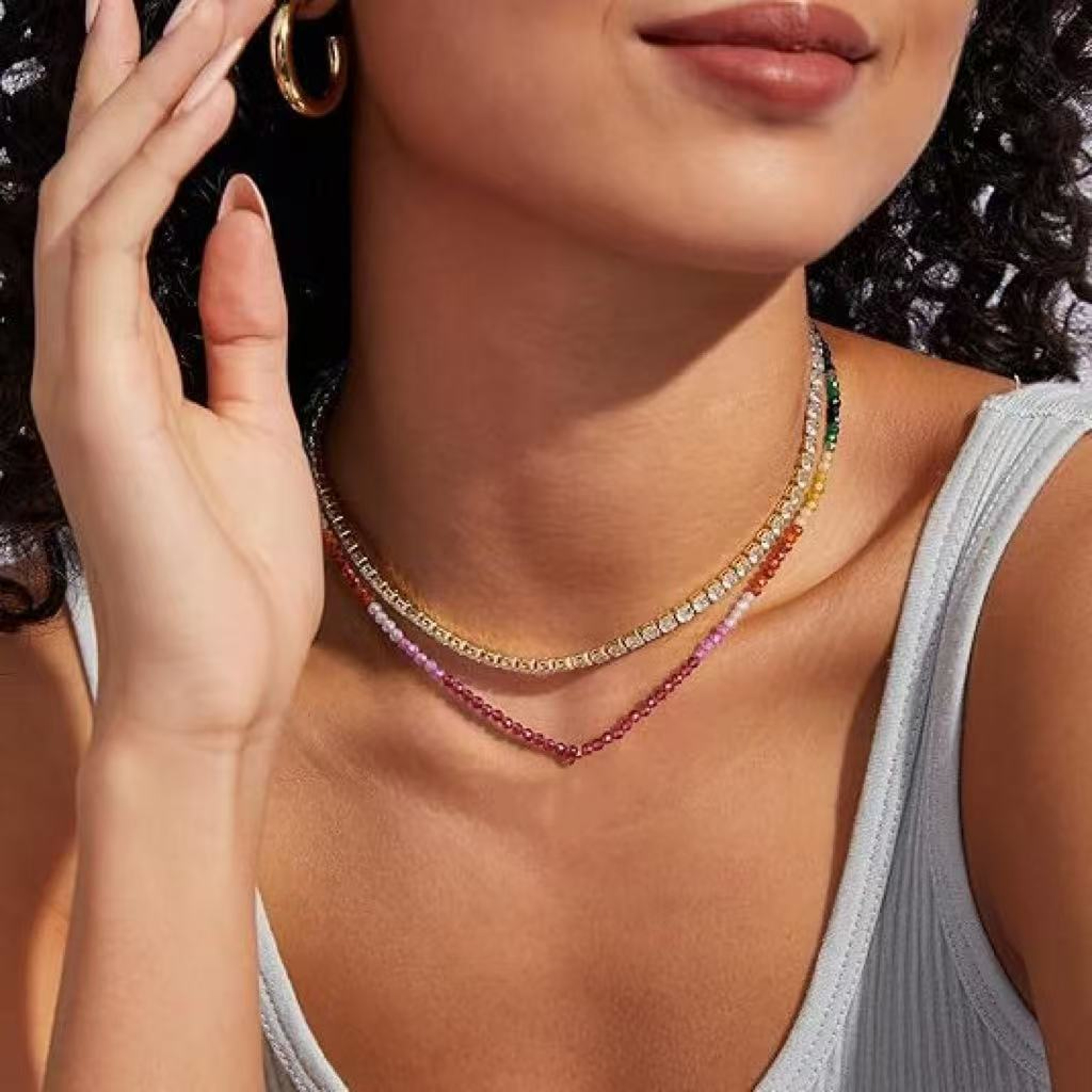Boho Beaded Rainbow Gemstone Necklace for Women 14K Gold Plated Colorful Choker – view 3