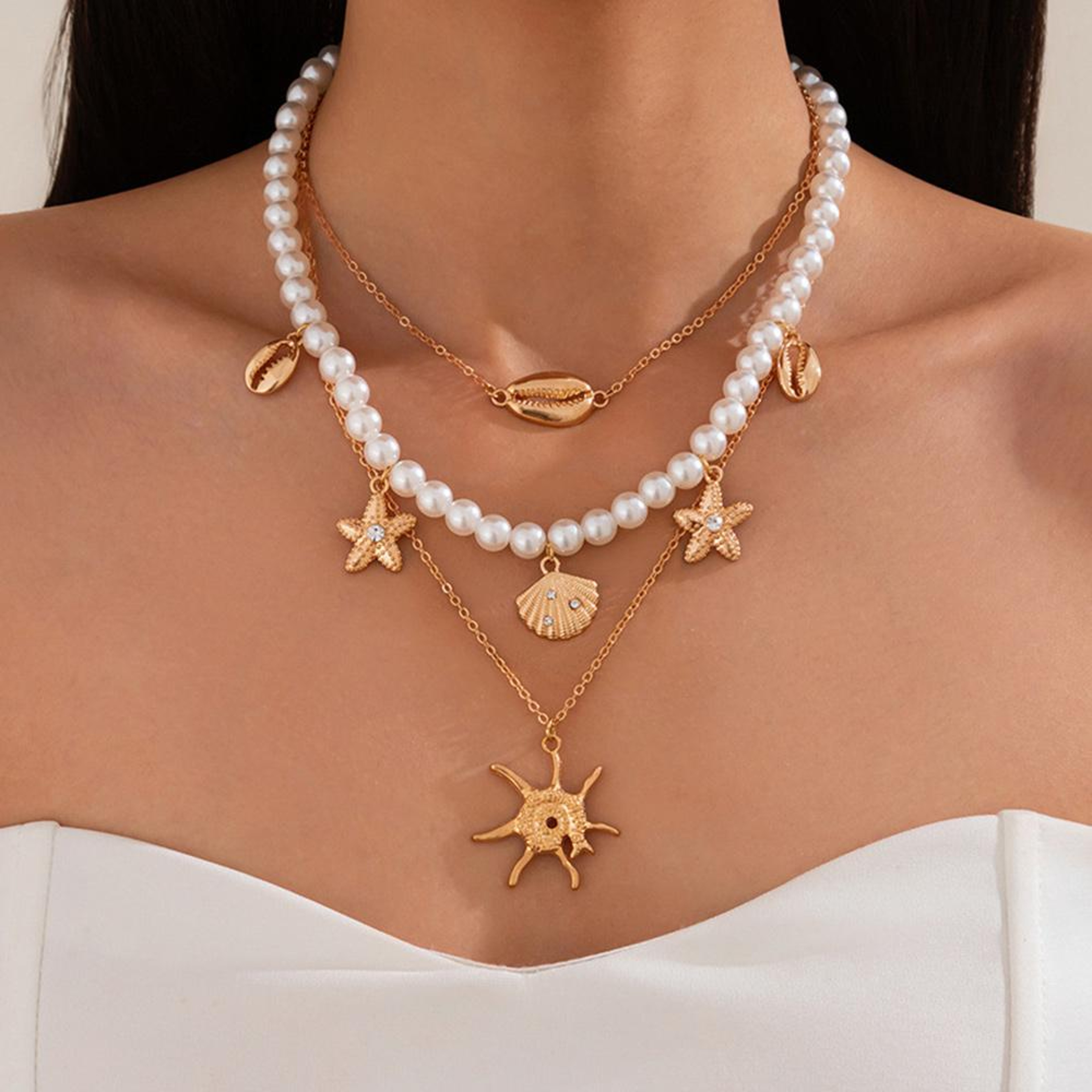 Starfish Necklace Layered Beach Necklace with Shell Charms for Women Boho Summer Vacation Jewelry – view 4