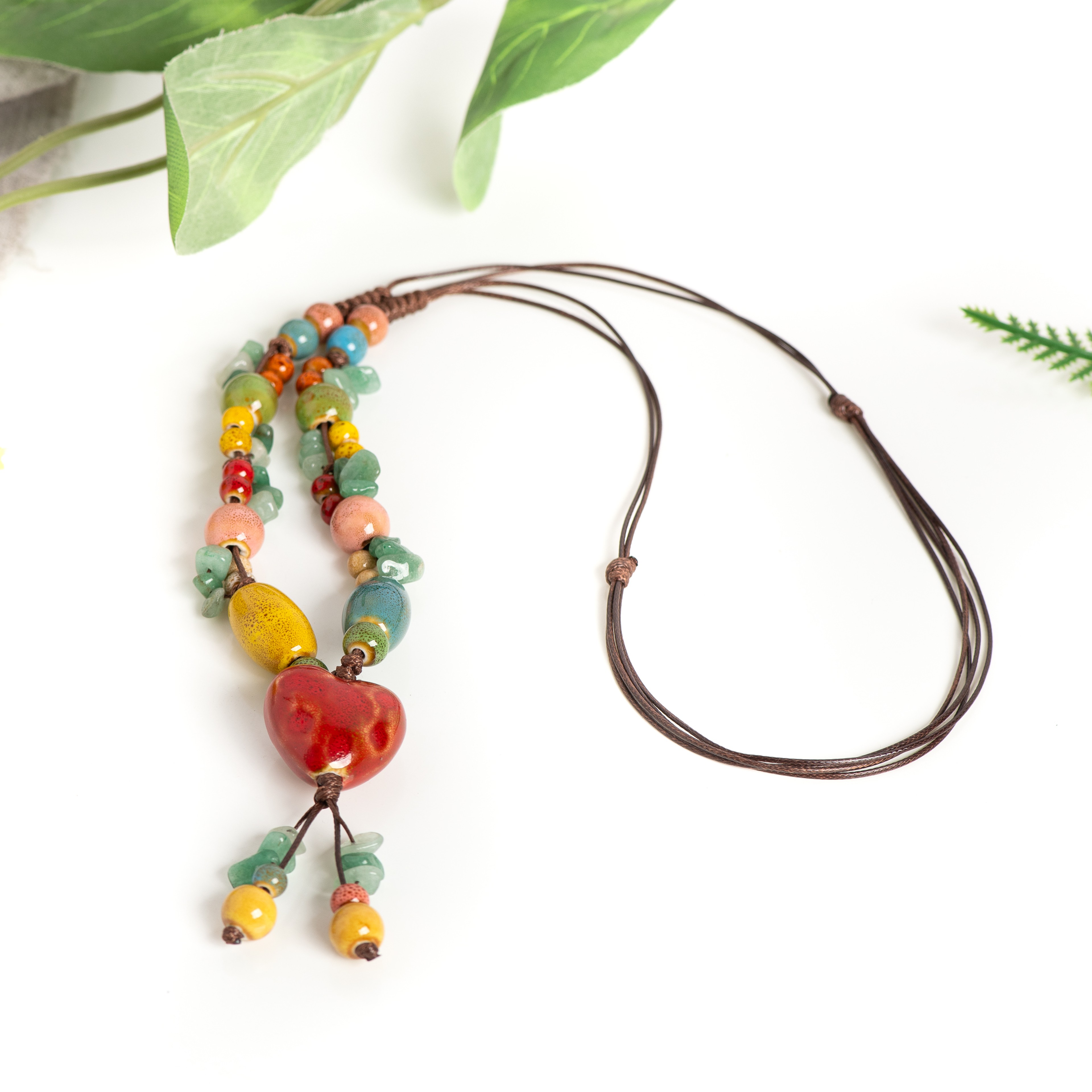 Boho Heart Necklace Handmade Ceramic Adjustable Pendant for Women Vintage Bohemian Jewelry – view 5