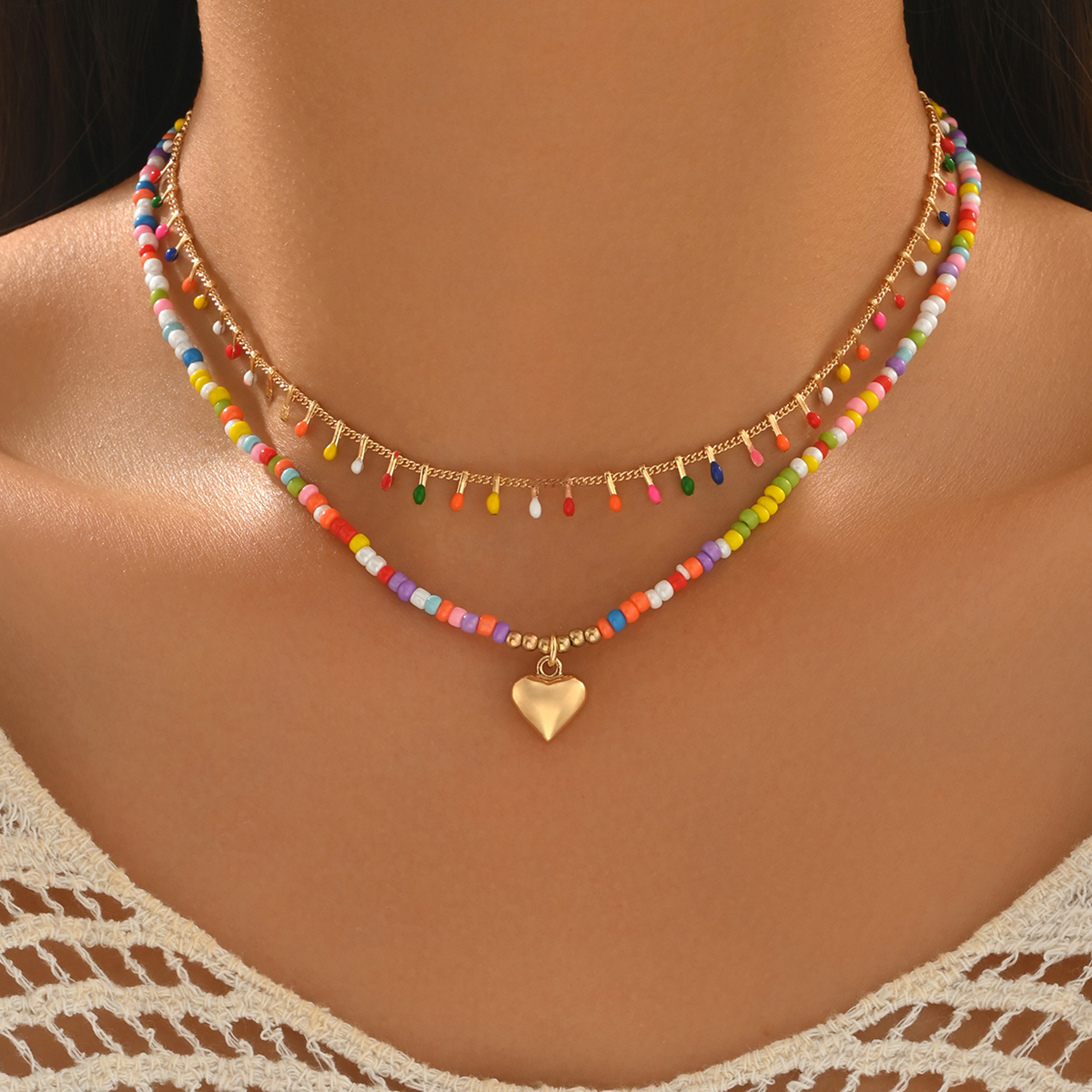 Layered Heart Beaded Choker Necklace with Rainbow Glass Beads | Adjustable Boho Beach Jewelry for Women – view 2