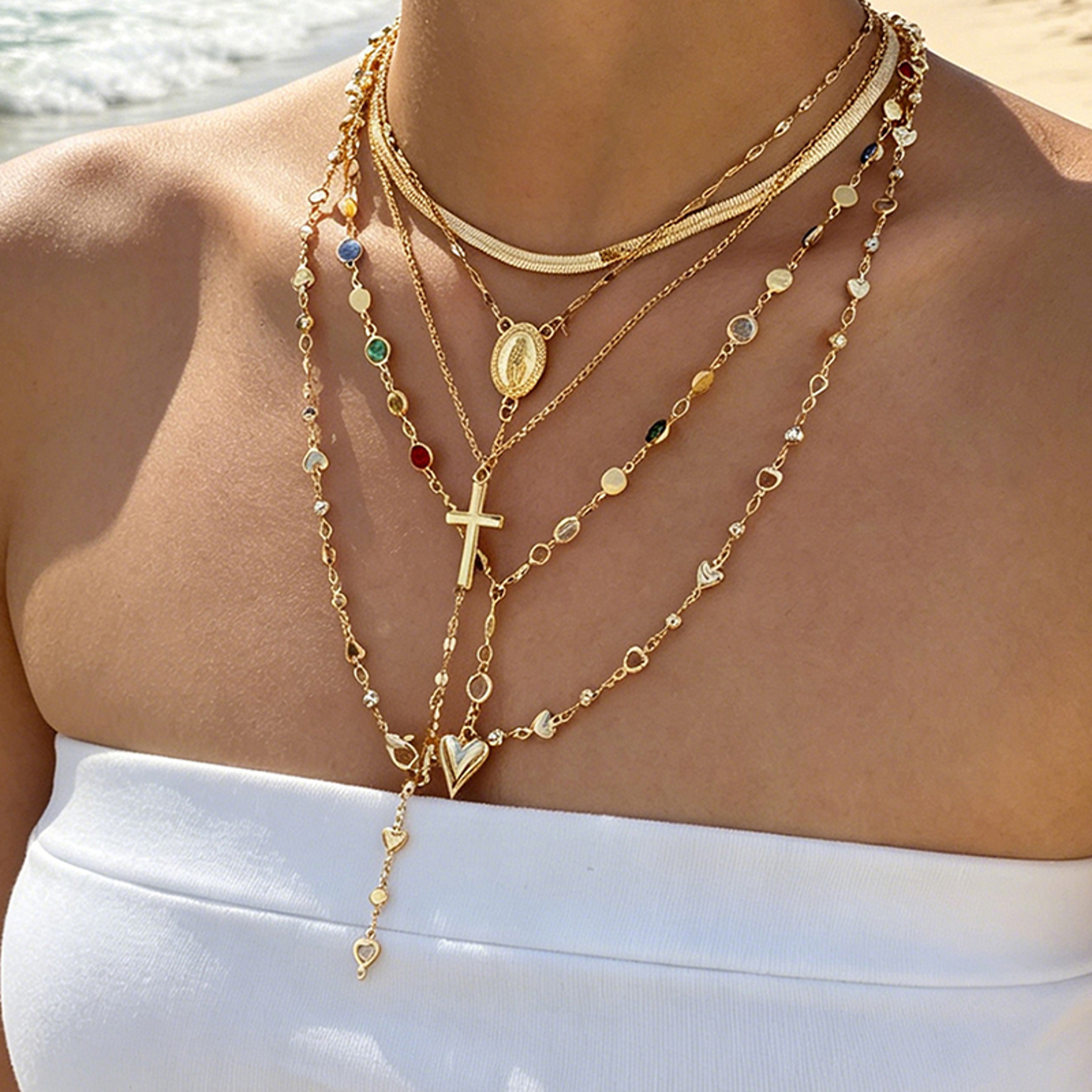 Boho Layered Necklace Set with Crystal Cross, Heart Pendant & Y Drop Chokers for Women – view 2