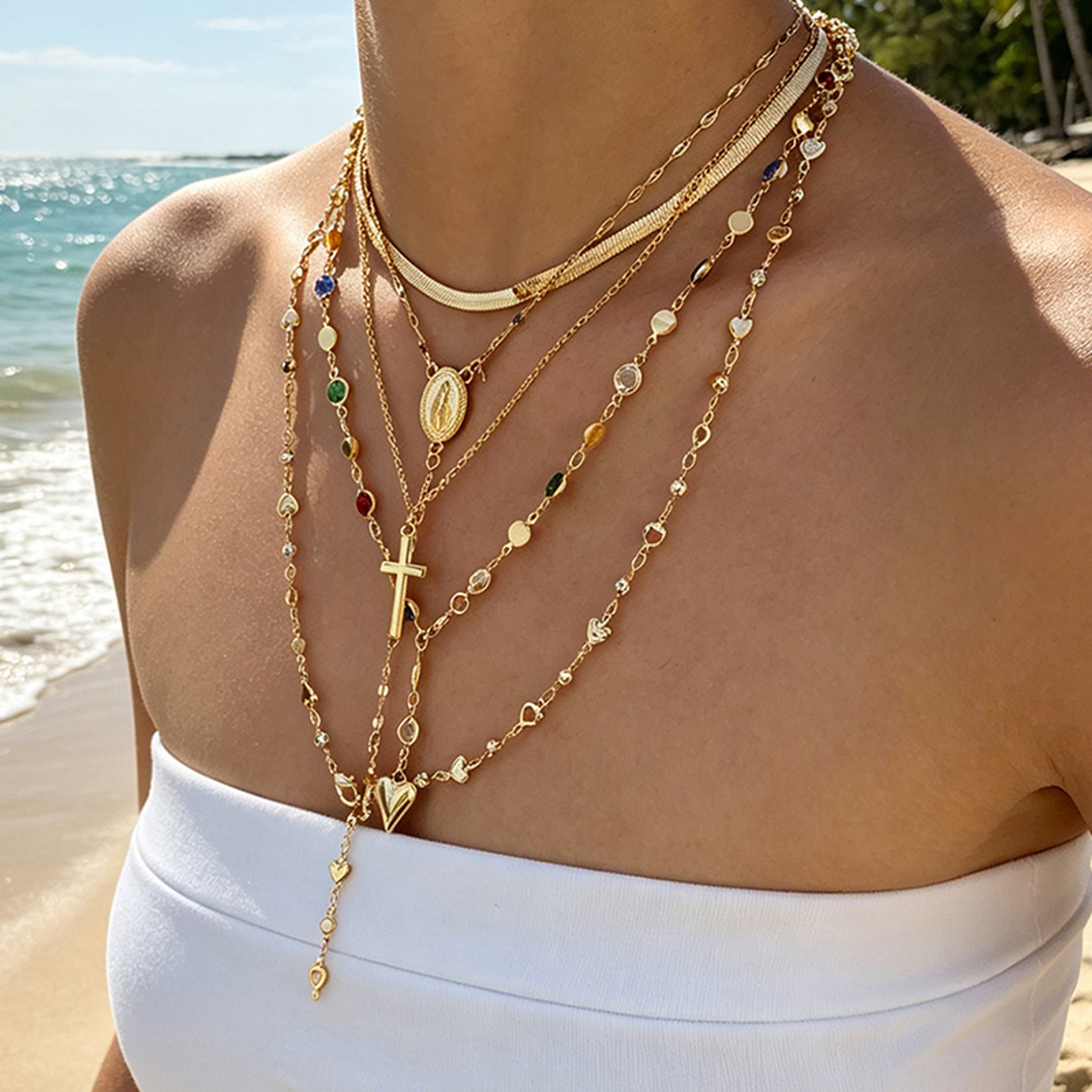 Boho Layered Necklace Set with Crystal Cross, Heart Pendant & Y Drop Chokers for Women – view 3