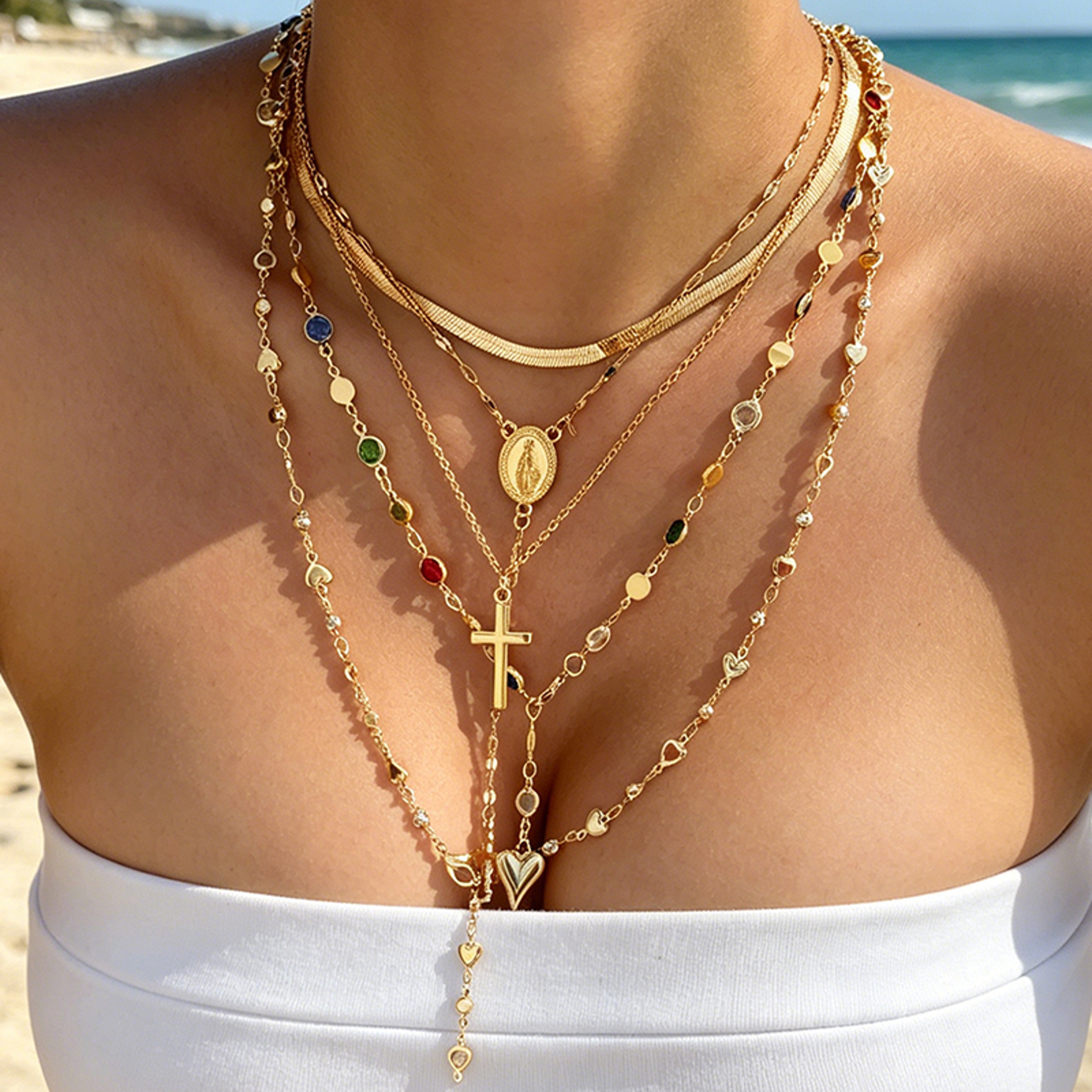 Boho Layered Necklace Set with Crystal Cross, Heart Pendant & Y Drop Chokers for Women – view 7
