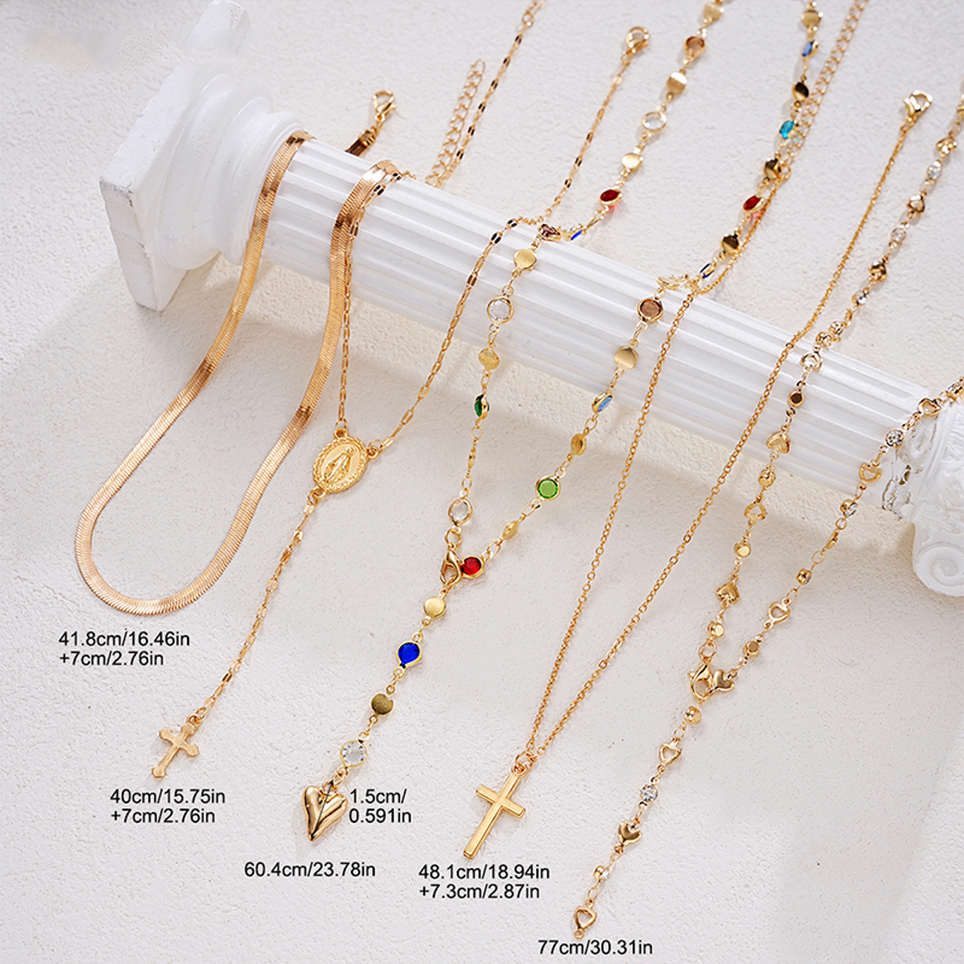 Boho Layered Necklace Set with Crystal Cross, Heart Pendant & Y Drop Chokers for Women – view 6