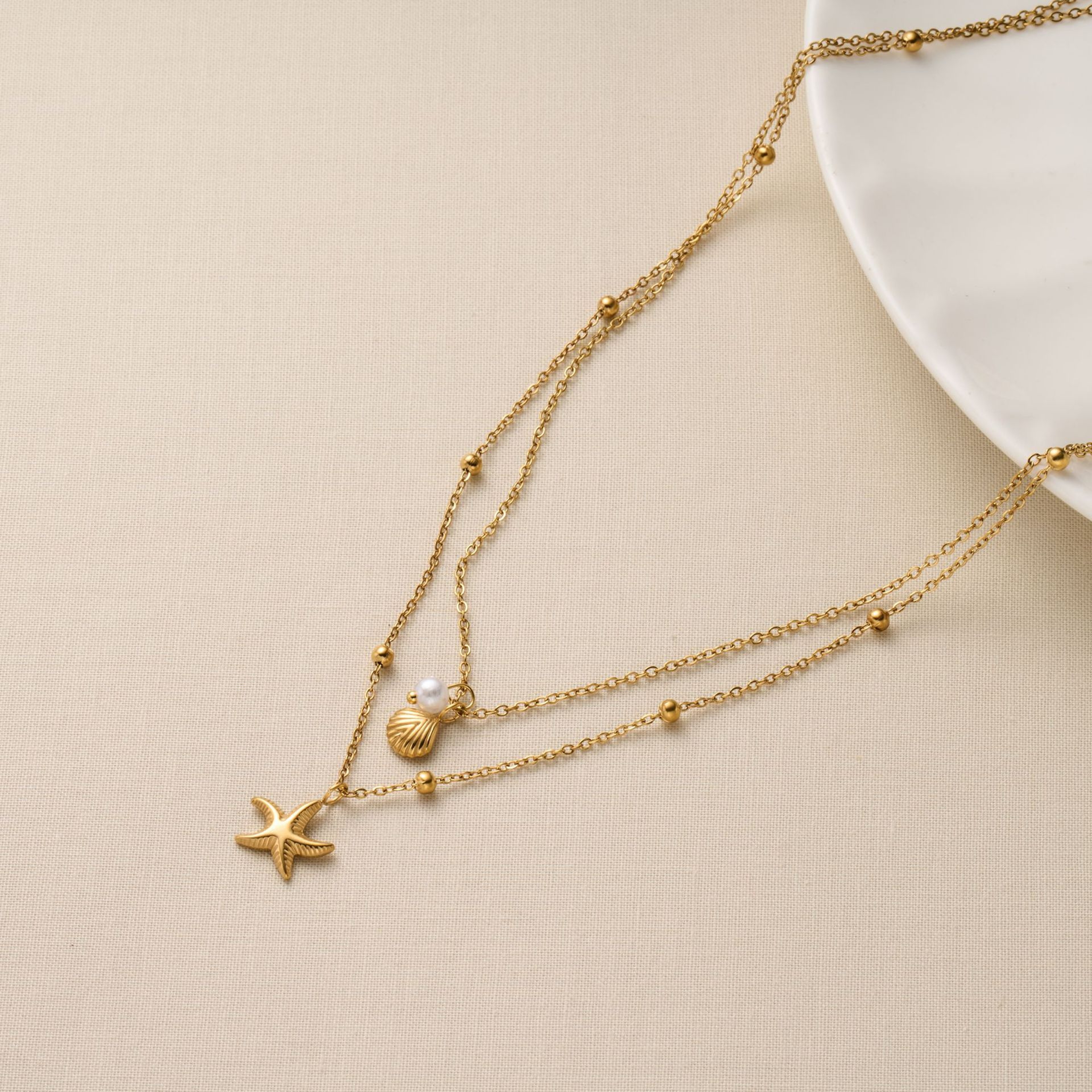 Starfish Shell Necklace Layered Pearl Gold Stainless Steel Beach Jewelry for Women – view 2