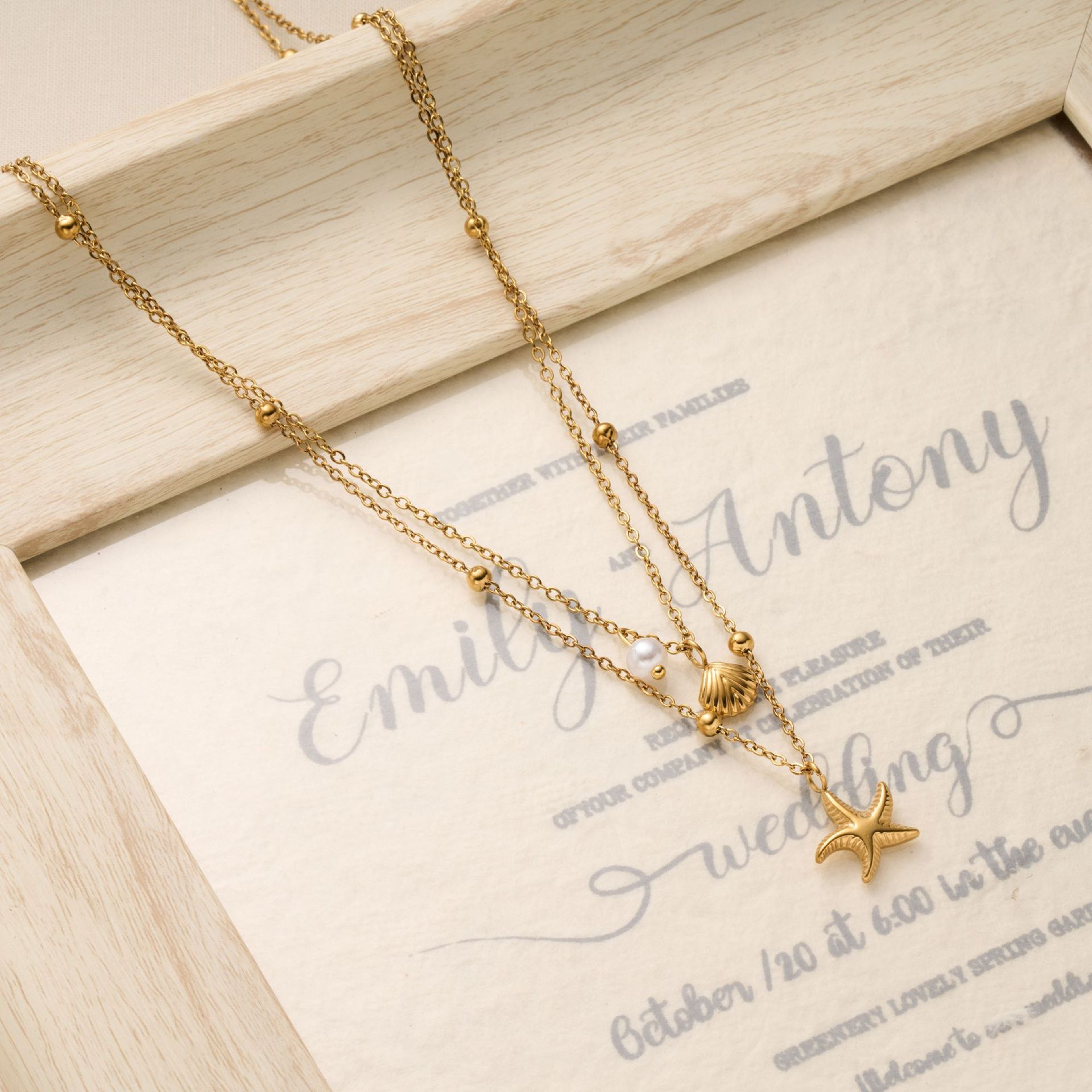 Starfish Shell Necklace Layered Pearl Gold Stainless Steel Beach Jewelry for Women – view 3