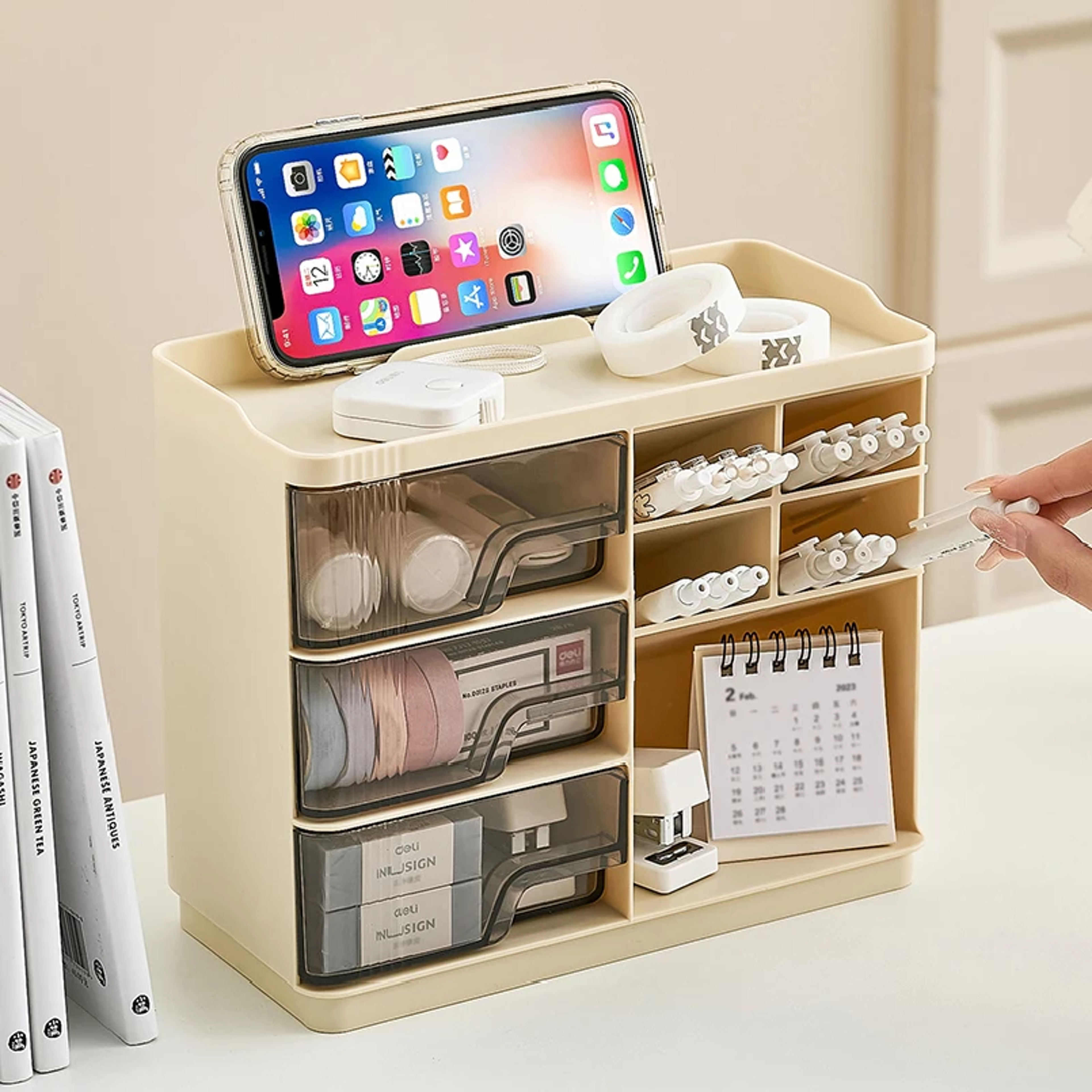 Cream Stackable Desktop Organizer with Multi Layer Storage Drawers – view 1