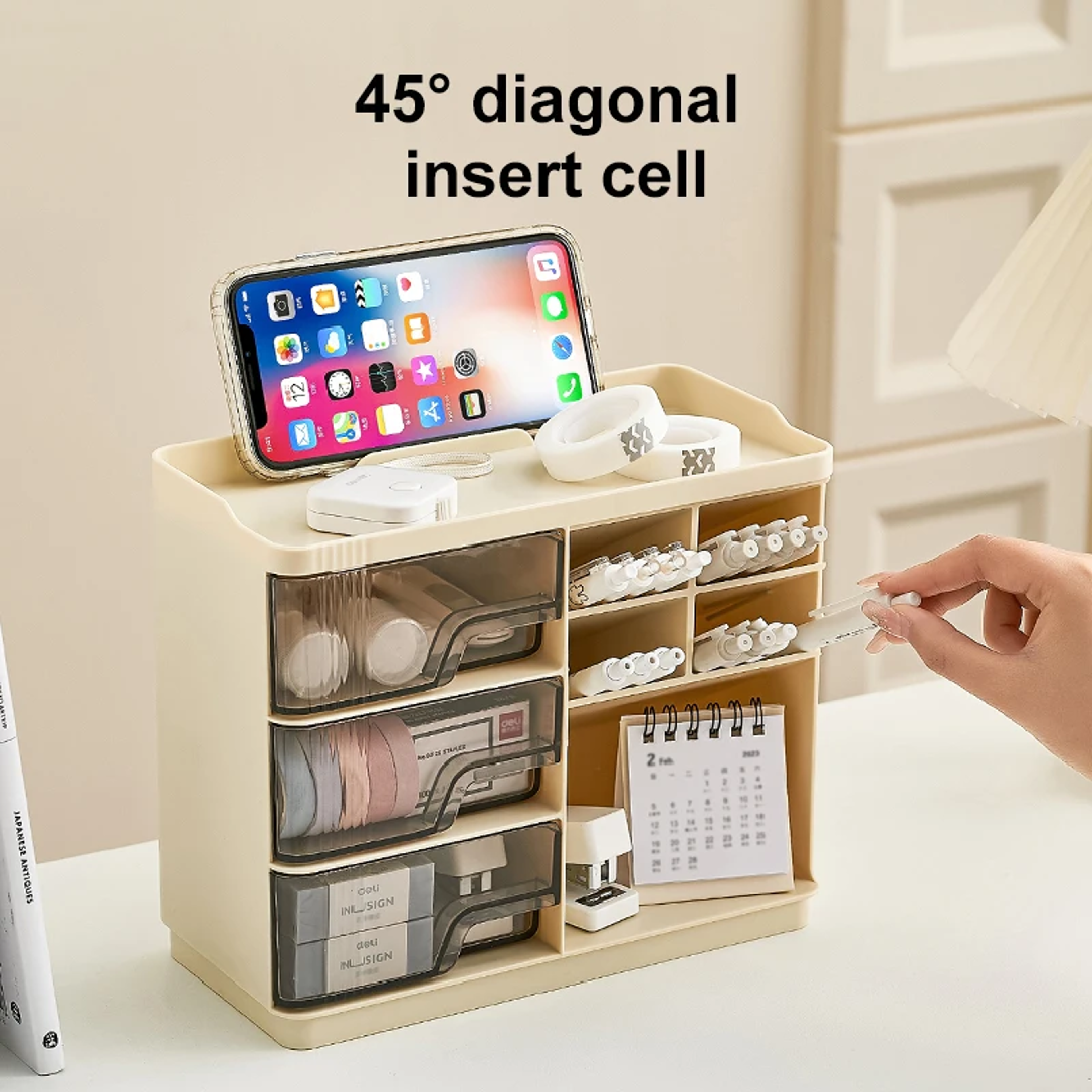 Cream Stackable Desktop Organizer with Multi Layer Storage Drawers – view 5