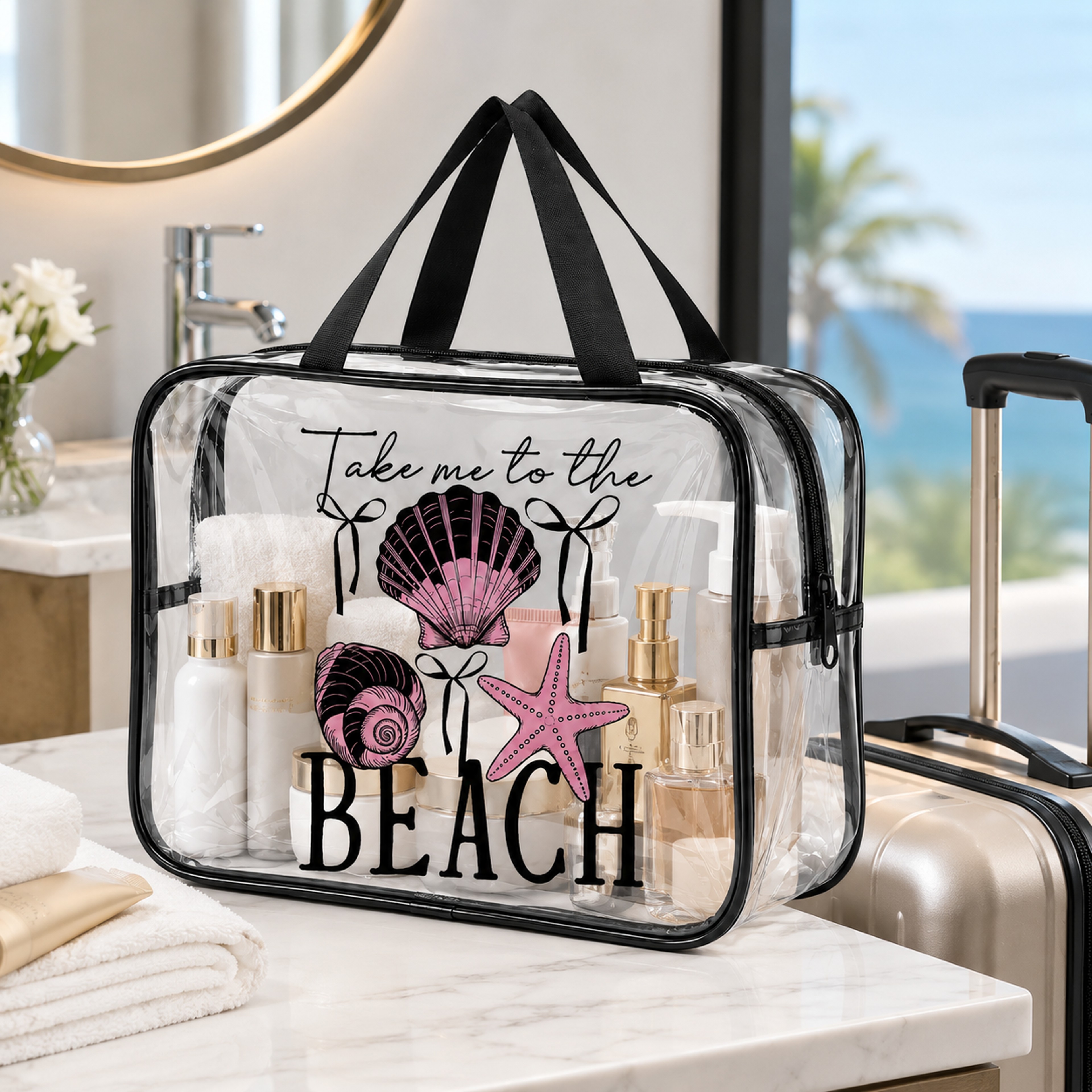 Beach Print Clear Toiletry Bag Waterproof PVC Travel Makeup Bag with Handle – view 5