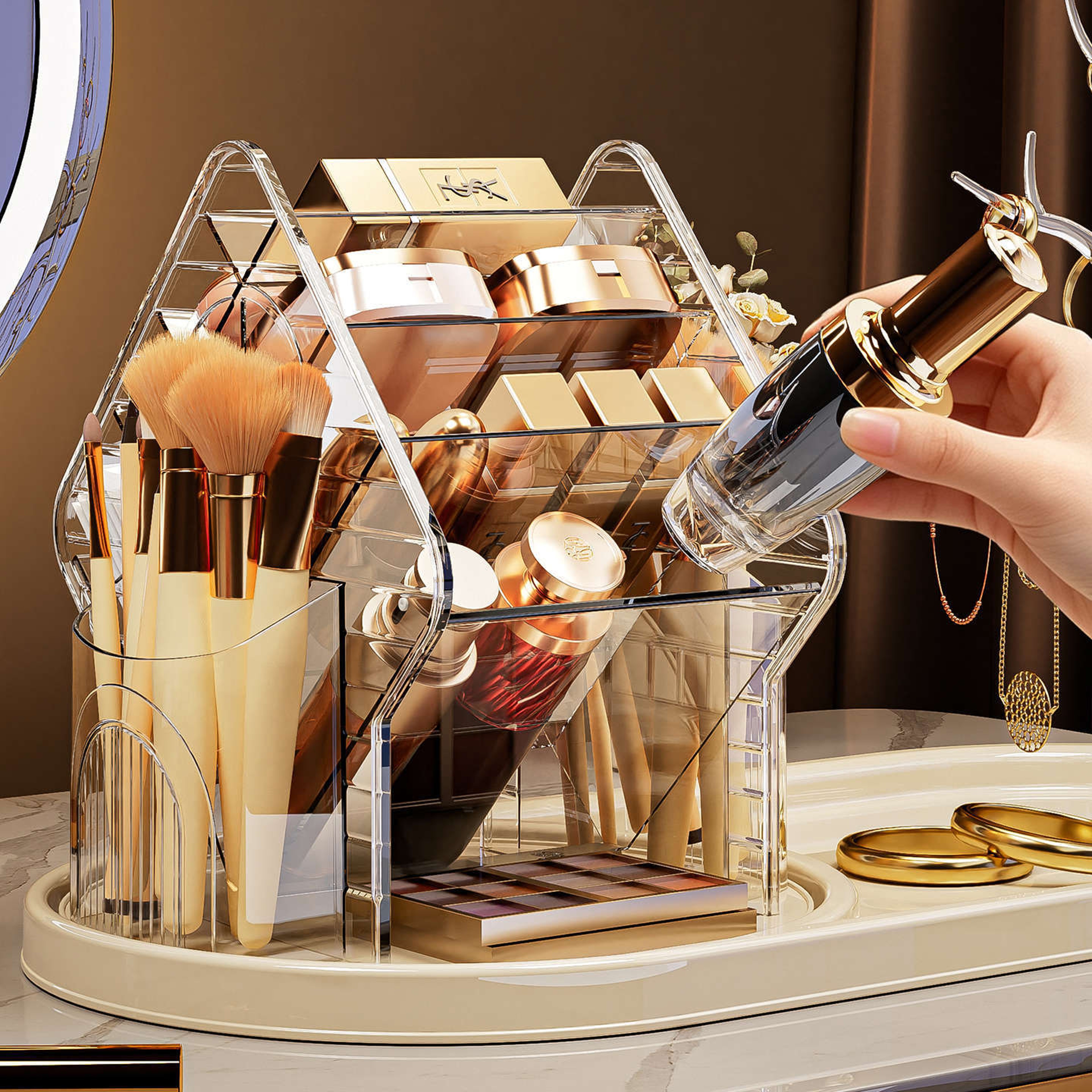 Rotating Makeup Organizer with Cosmetic Brush and Lipstick Holder – view 3