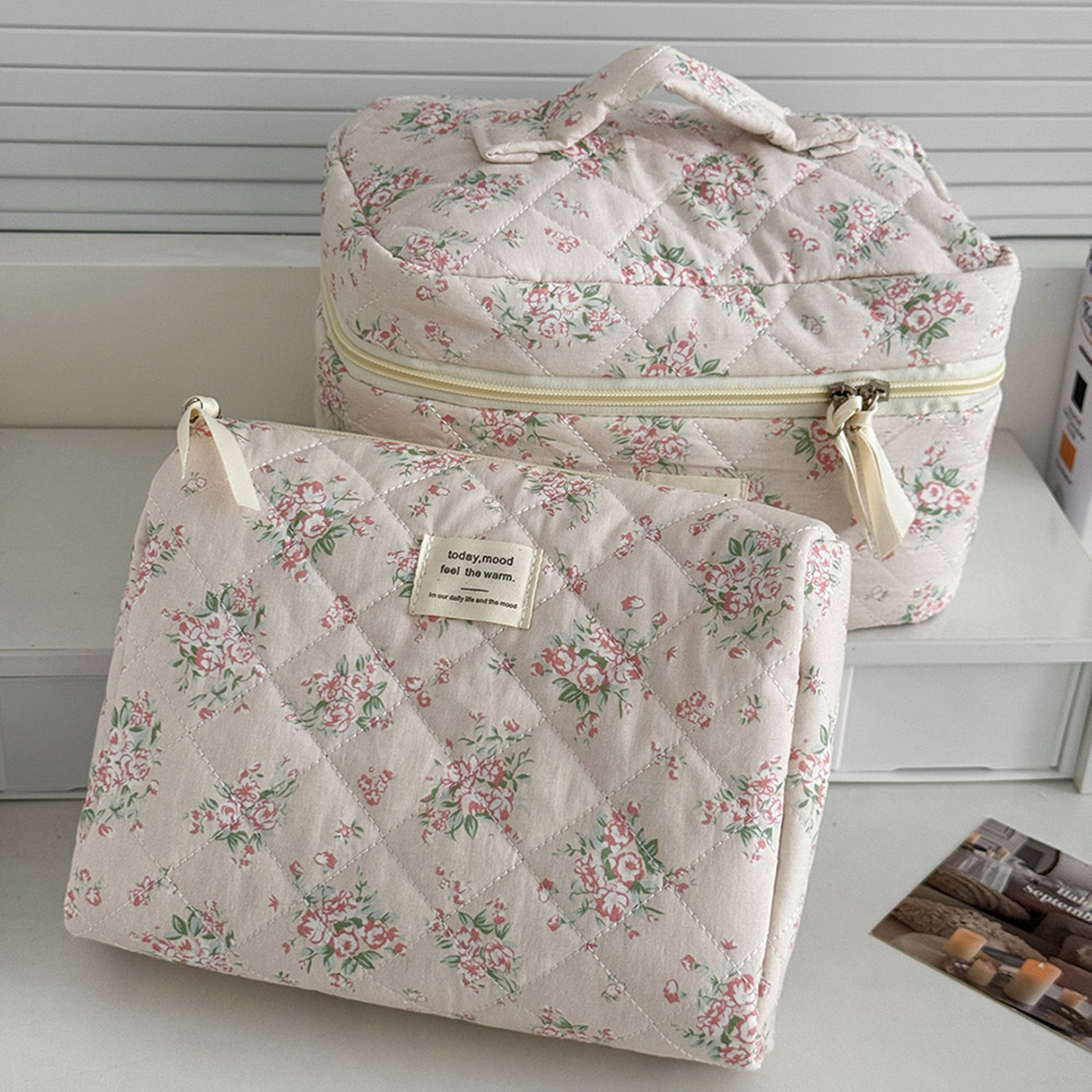 Vintage Rose Quilted Makeup Bag Cotton Floral Travel Cosmetic Organizer for Women – view 3