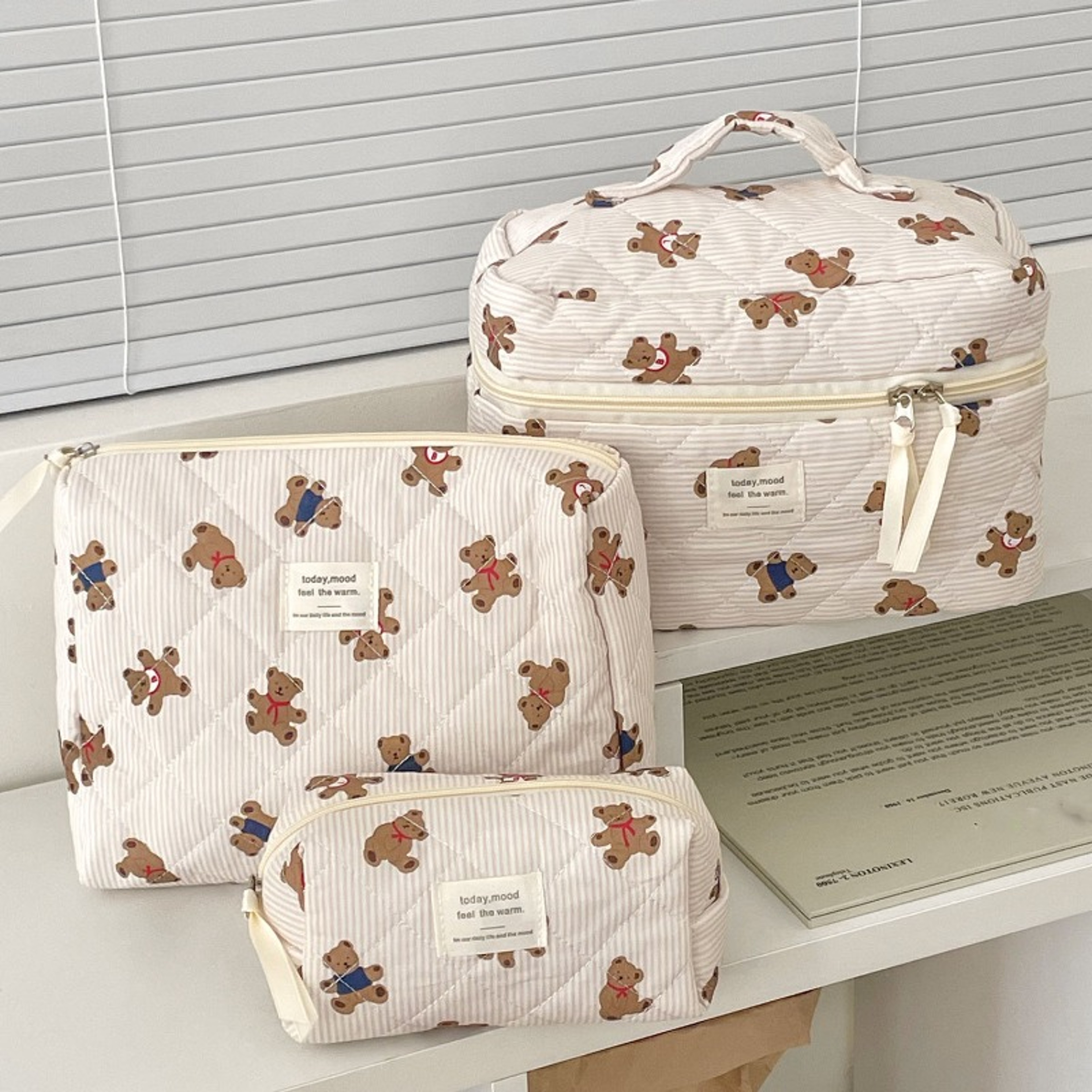 Cute Bear Quilted Makeup Bag Cotton Floral Travel Cosmetic Organizer for Women and Girls – view 1