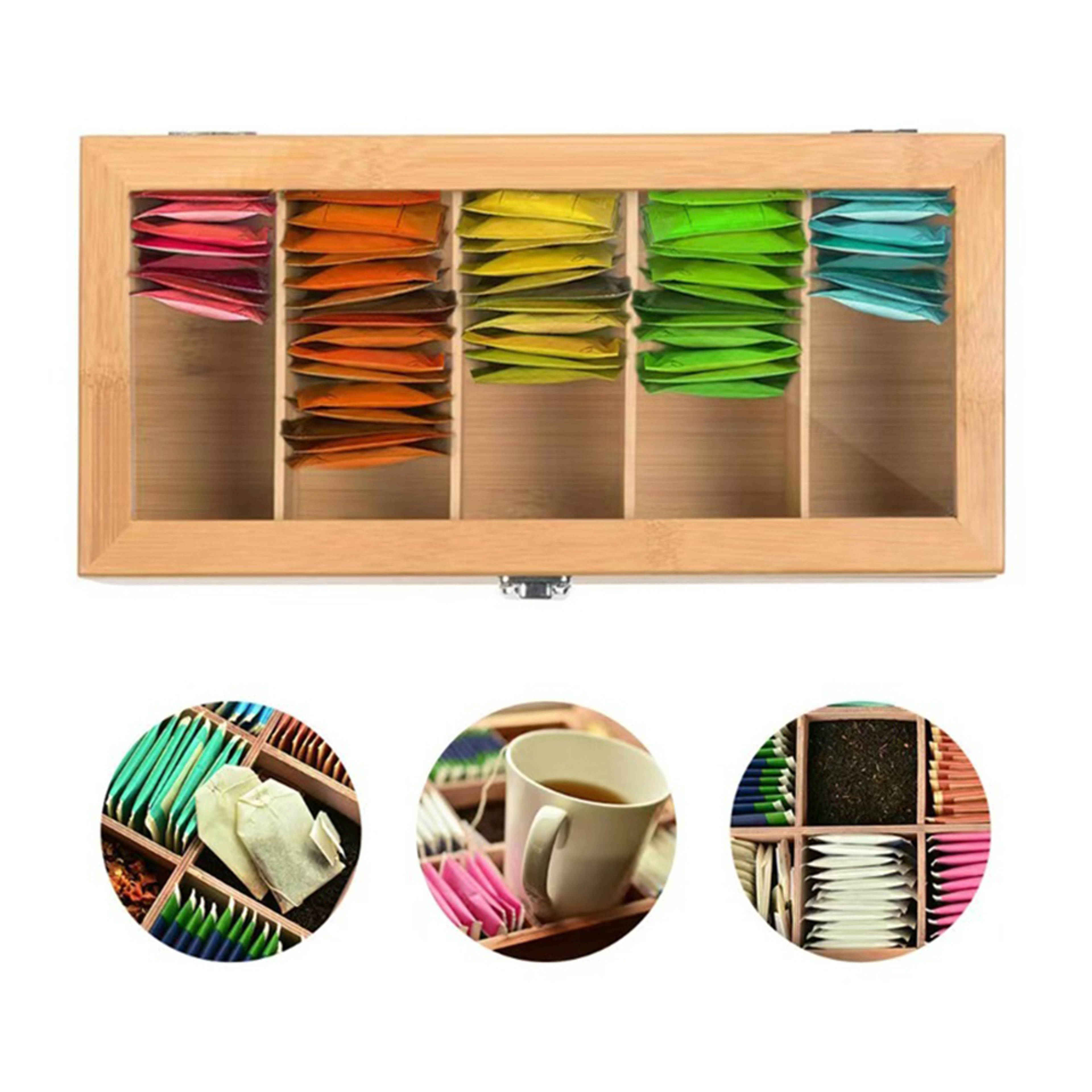 5 Compartment Bamboo Tea Box with Clear Lid and Tea Bag Organizer – view 4