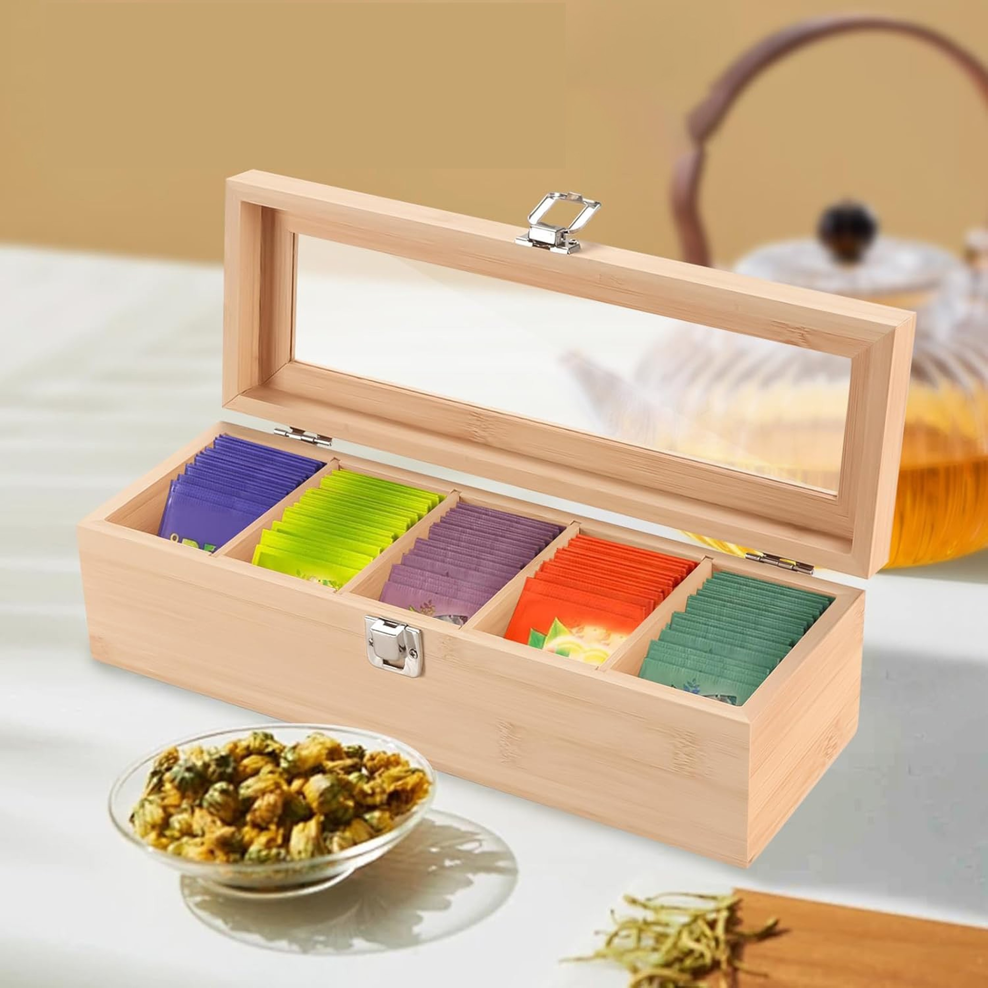 5 Compartment Bamboo Tea Box with Clear Lid and Tea Bag Organizer – view 6